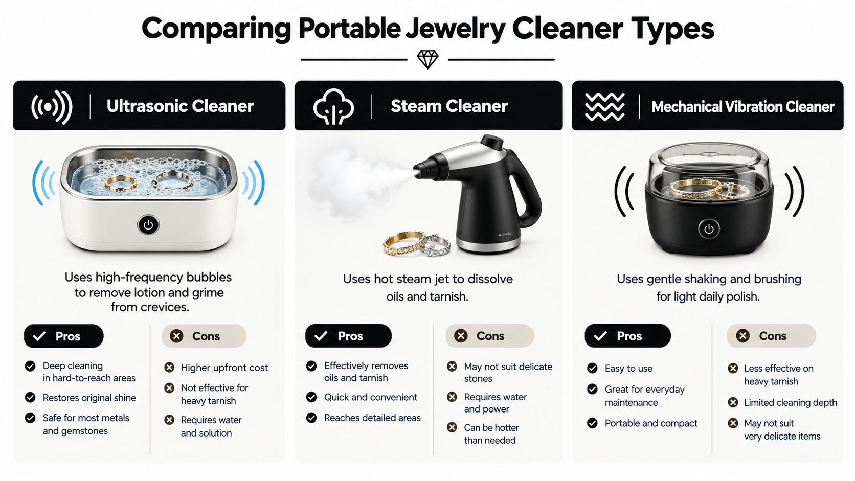 A comparison chart outlining the pros and cons of three portable jewelry cleaner types: ultrasonic, steam, and mechanical.