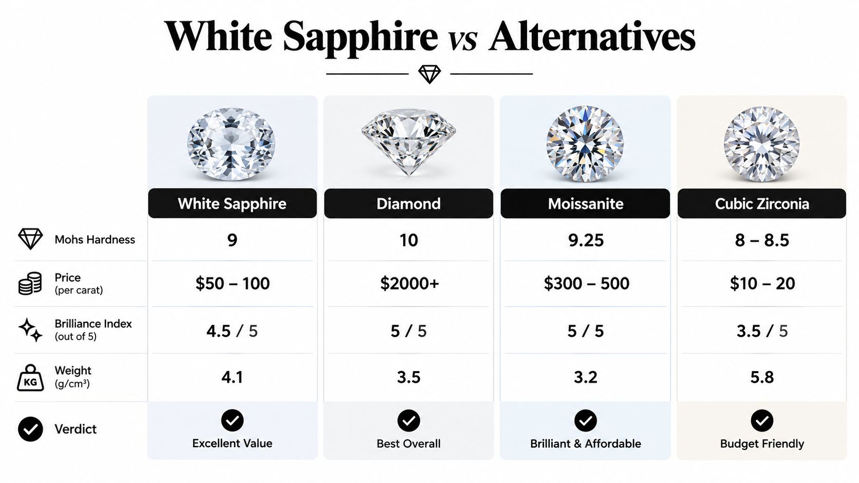 A comparison chart showing key features like hardness, price, and brilliance of white sapphire, diamond, moissanite, and cubic zirconia.