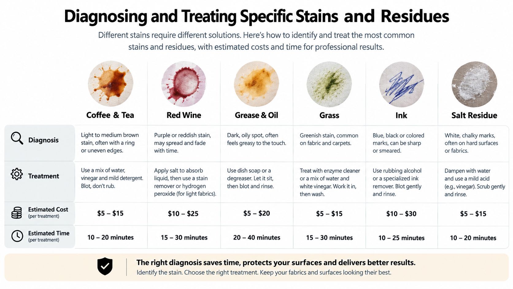 A chart detailing effective diagnosis and treatment methods for common household stains like coffee, wine, and grease.