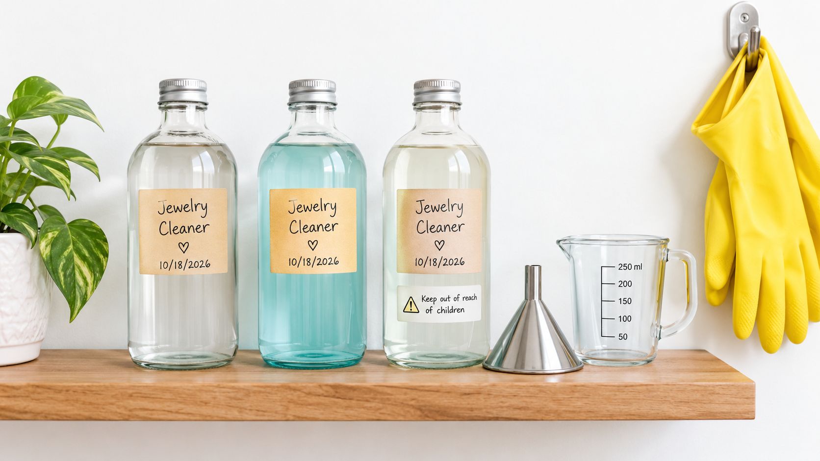 Glass bottles of homemade jewelry cleaner displayed on a wooden shelf with a measuring cup and gloves.