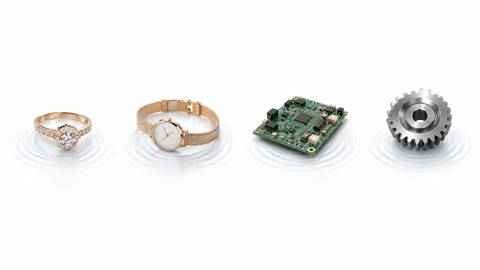 A gold diamond ring, a wristwatch, a circuit board, and a metal gear resting on ripples.