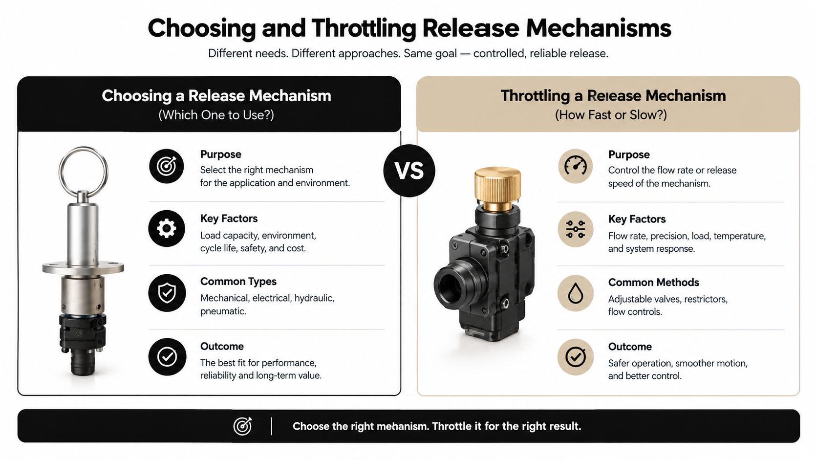 An infographic comparing how to choose versus throttle a release mechanism for industrial and mechanical applications.
