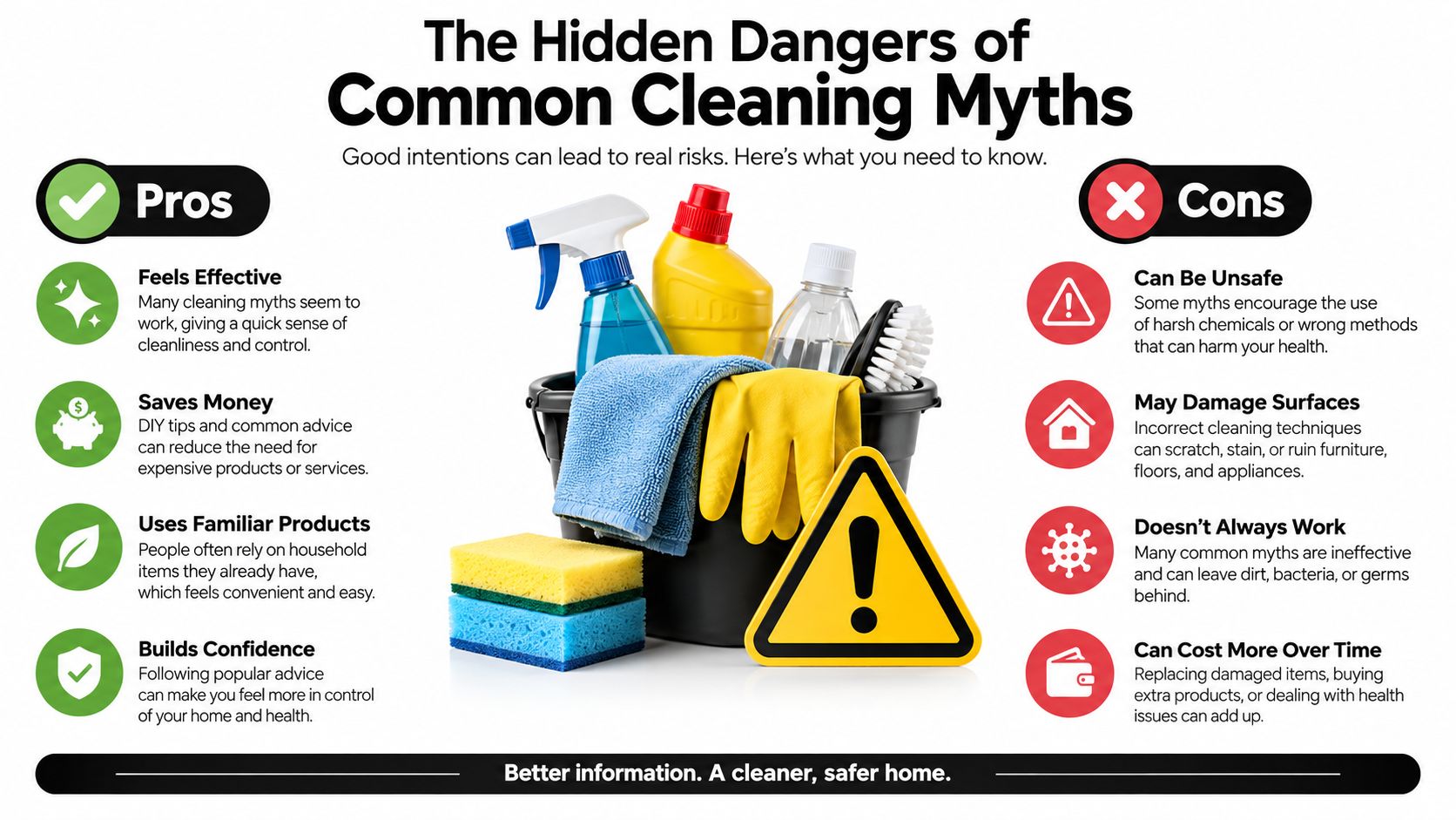 An infographic detailing the pros and cons of common cleaning myths, displayed alongside cleaning supplies.