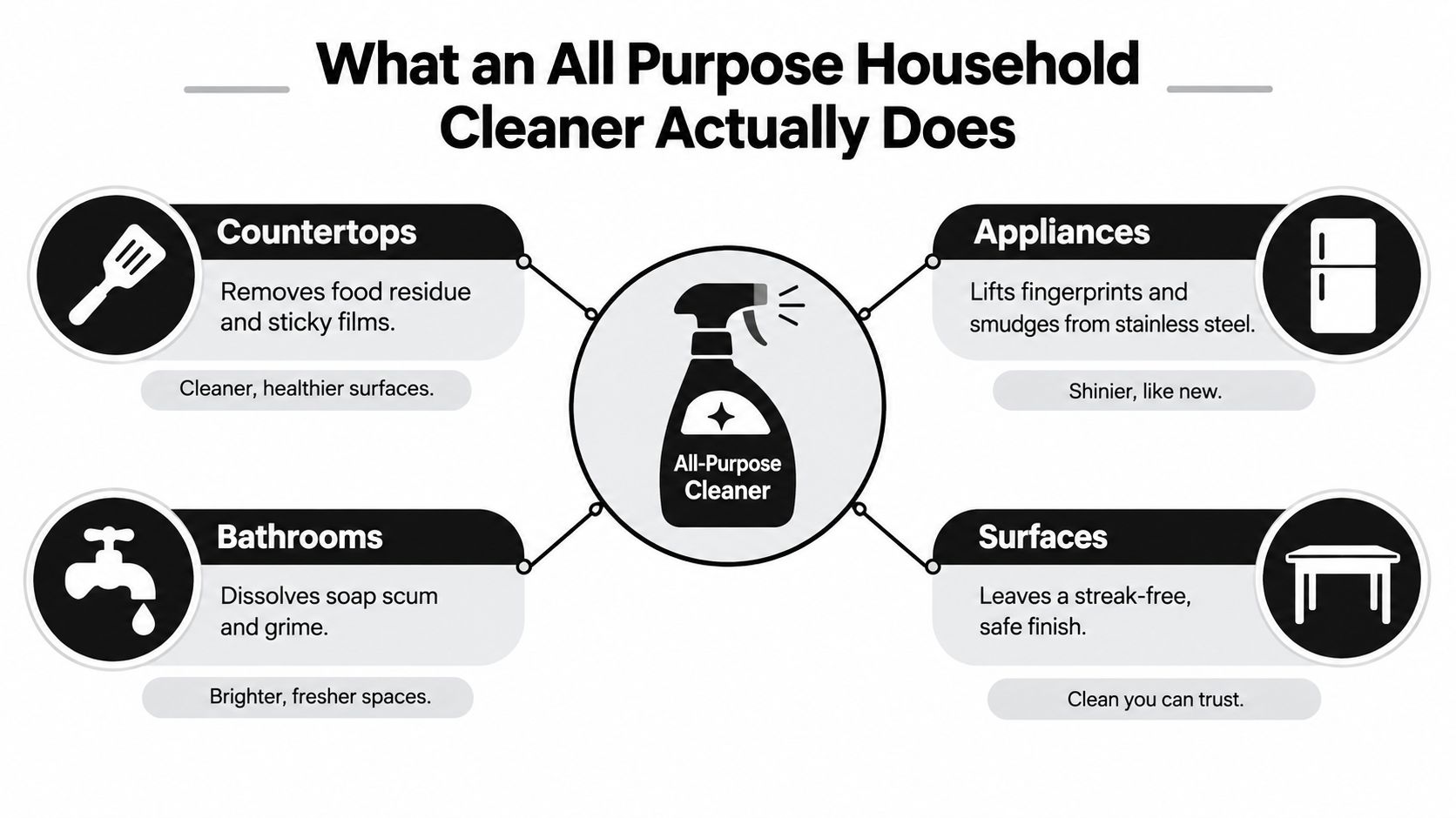 A diagram illustrating the versatile uses and cleaning benefits of an all-purpose household cleaner for different surfaces.