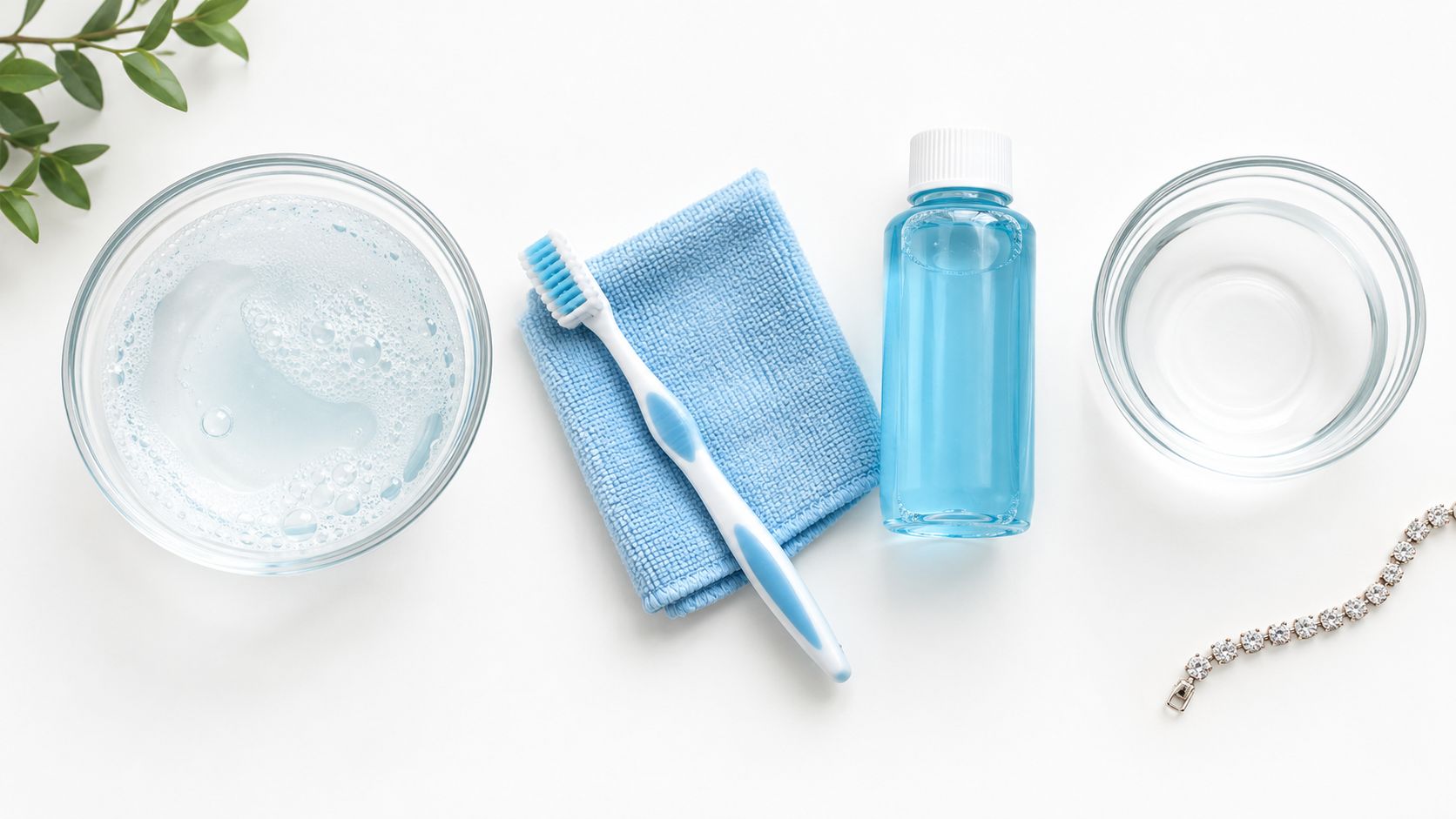 Cleaning kit for jewelry featuring a bowl of soapy water, a soft cloth, toothbrush, and cleaning solution.