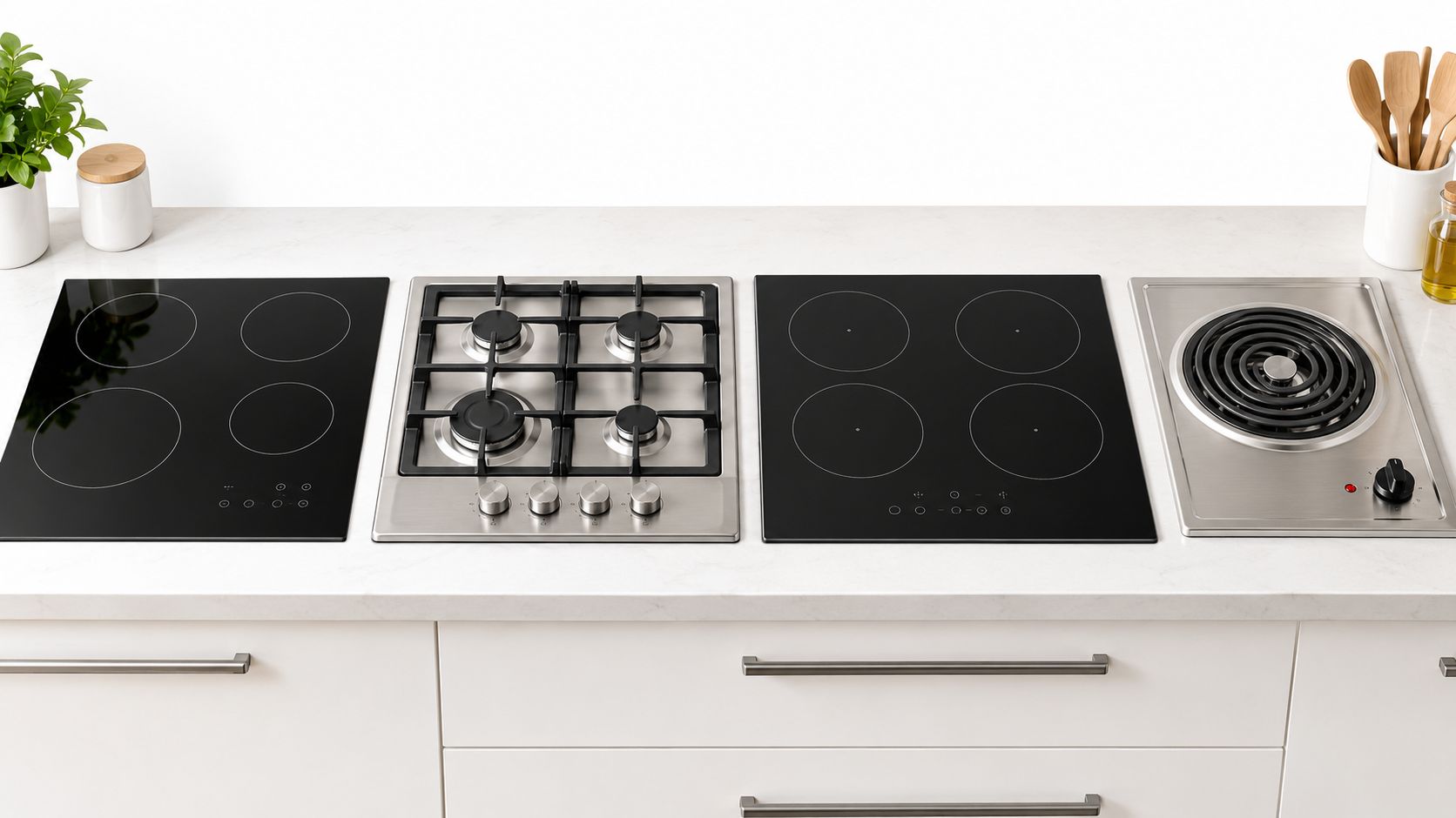 A sleek kitchen countertop showcasing four different types of stove tops arranged side by side.