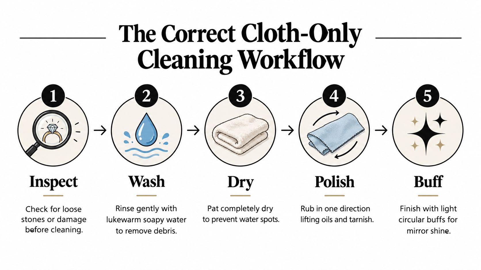 A five-step infographic showing the proper workflow for cleaning jewelry using a cloth and soapy water.