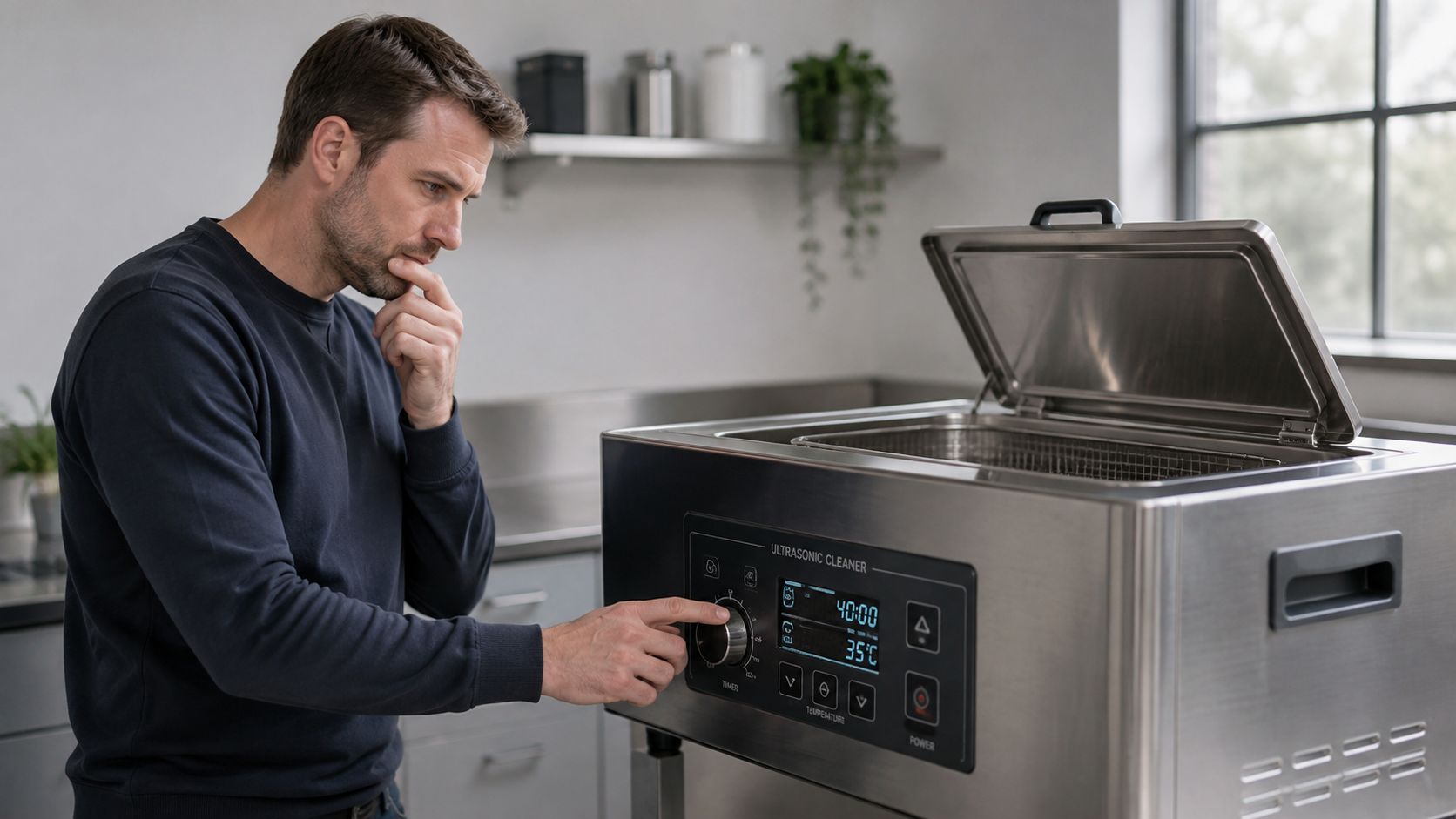 A man looking thoughtful while adjusting the settings on a stainless steel ultrasonic cleaner device.