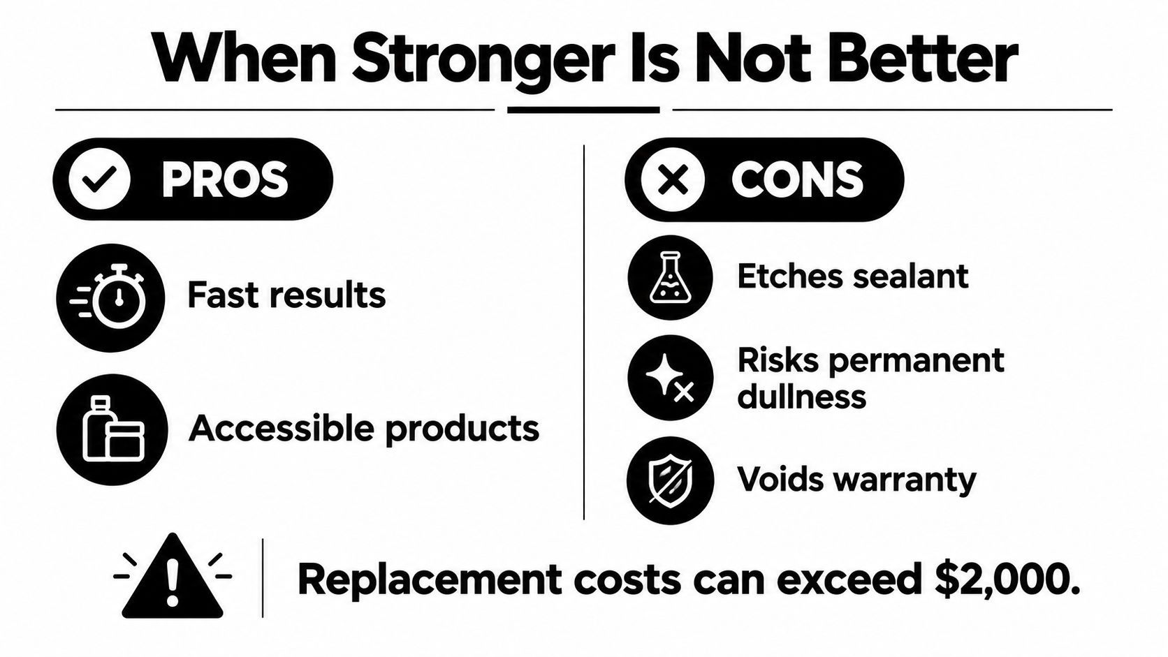 An infographic comparing the pros and cons of using overly strong cleaners on stone surfaces.