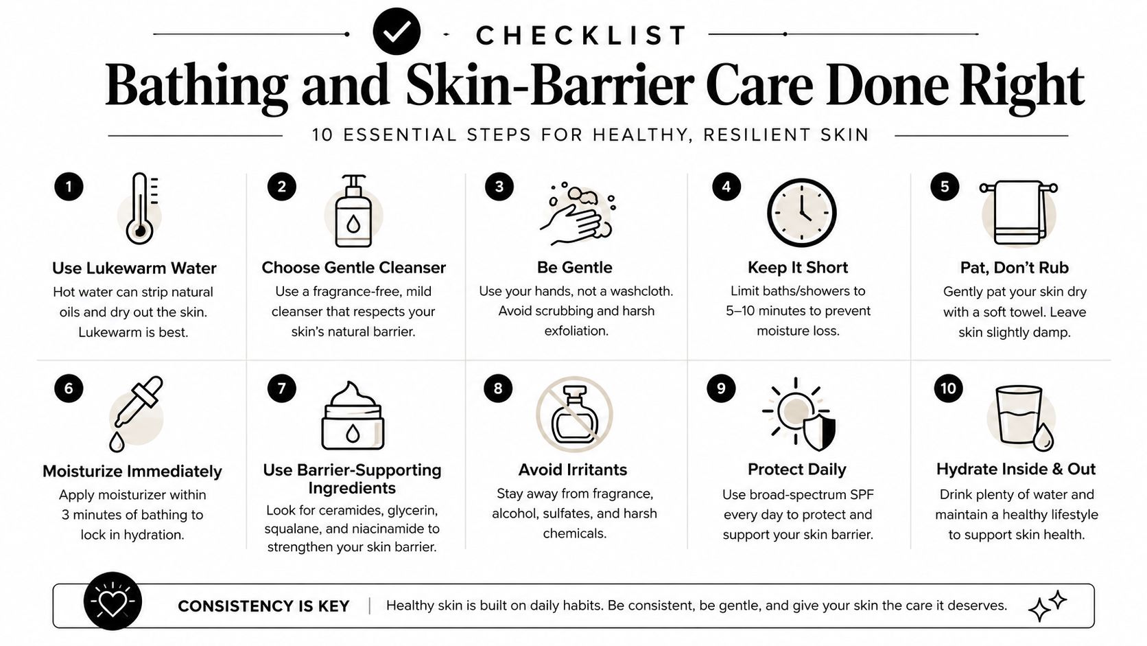 A checklist infographic outlining ten essential steps for bathing and maintaining a healthy skin barrier.