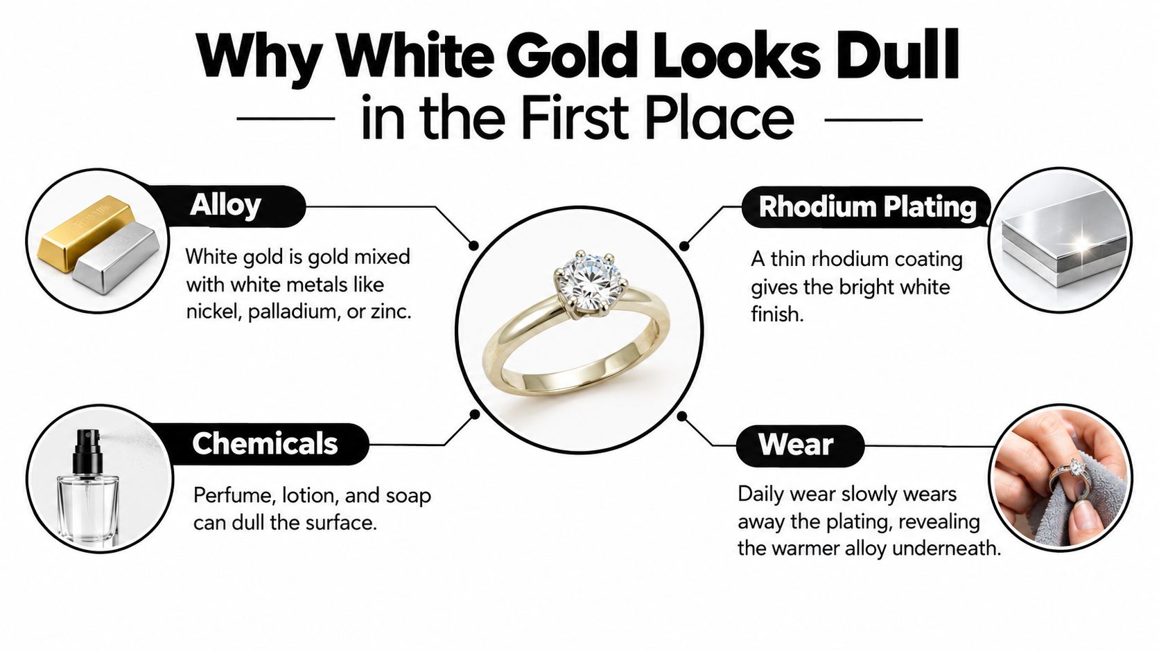 An infographic explaining why white gold jewelry loses its shine over time due to alloys, plating, and chemicals.