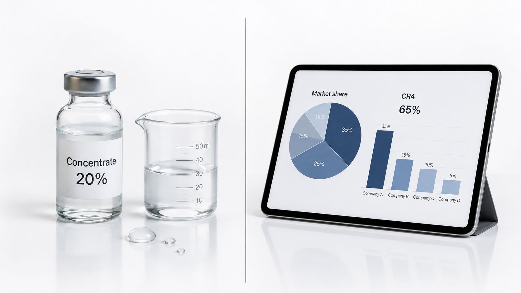 A laboratory vial with liquid, a beaker, and a tablet displaying market share and concentration ratio charts.