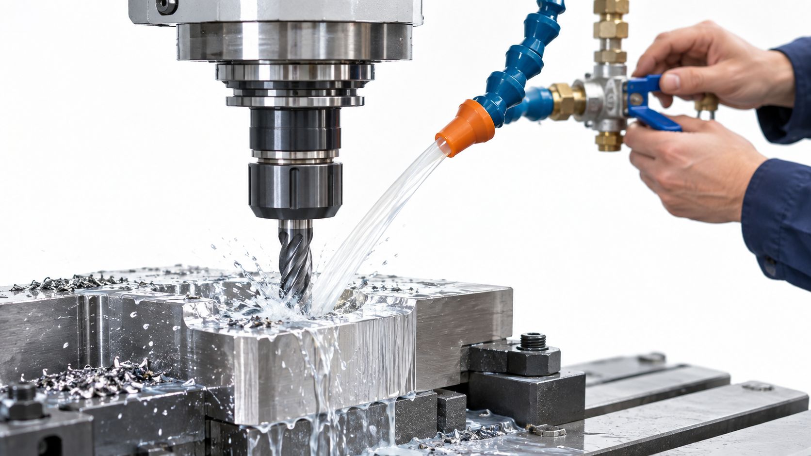 A milling machine cutting through metal with cooling fluid applied to the tool during the process.