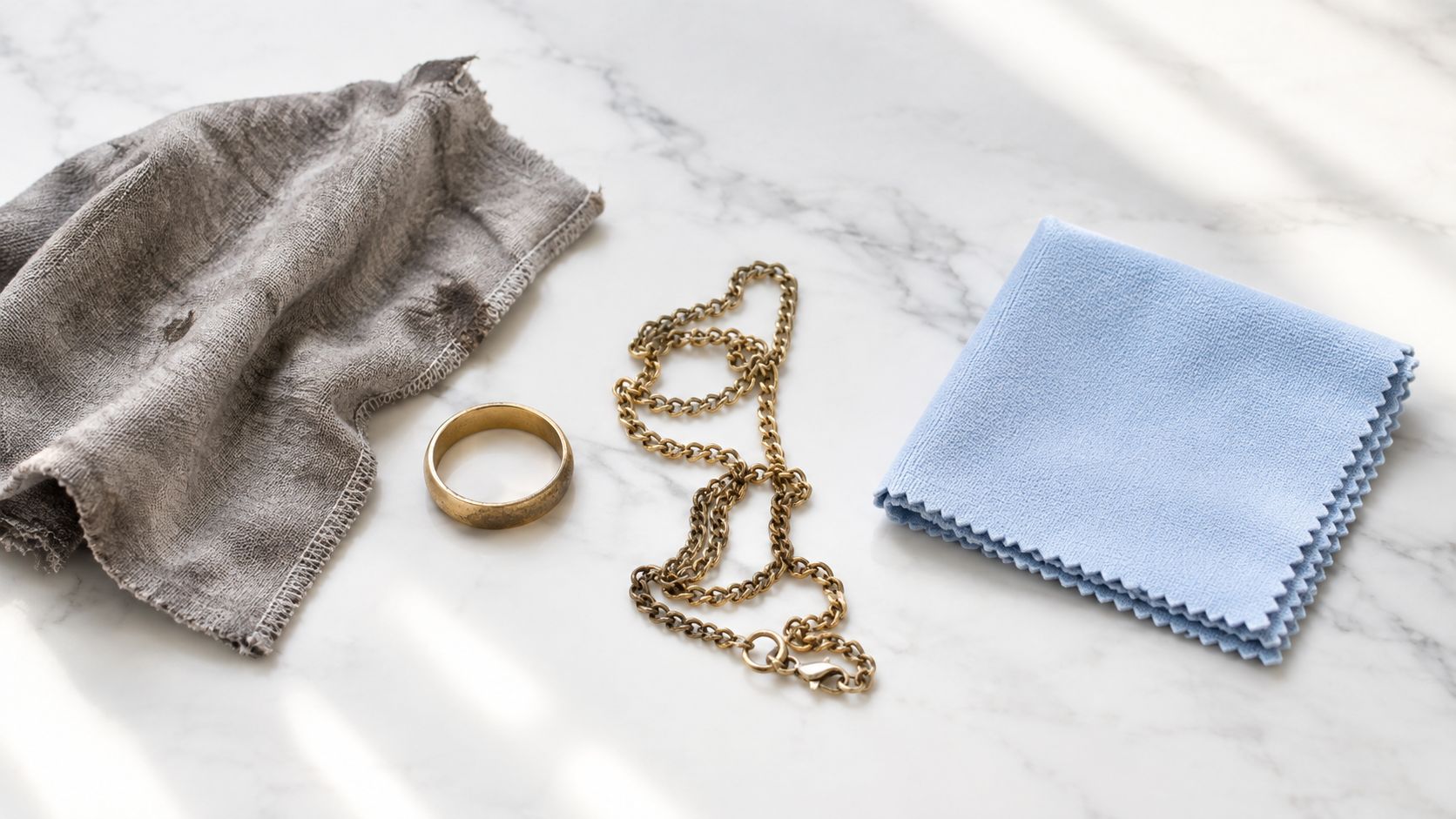 A gold ring and chain laid out on a marble surface with cleaning cloths for maintenance.