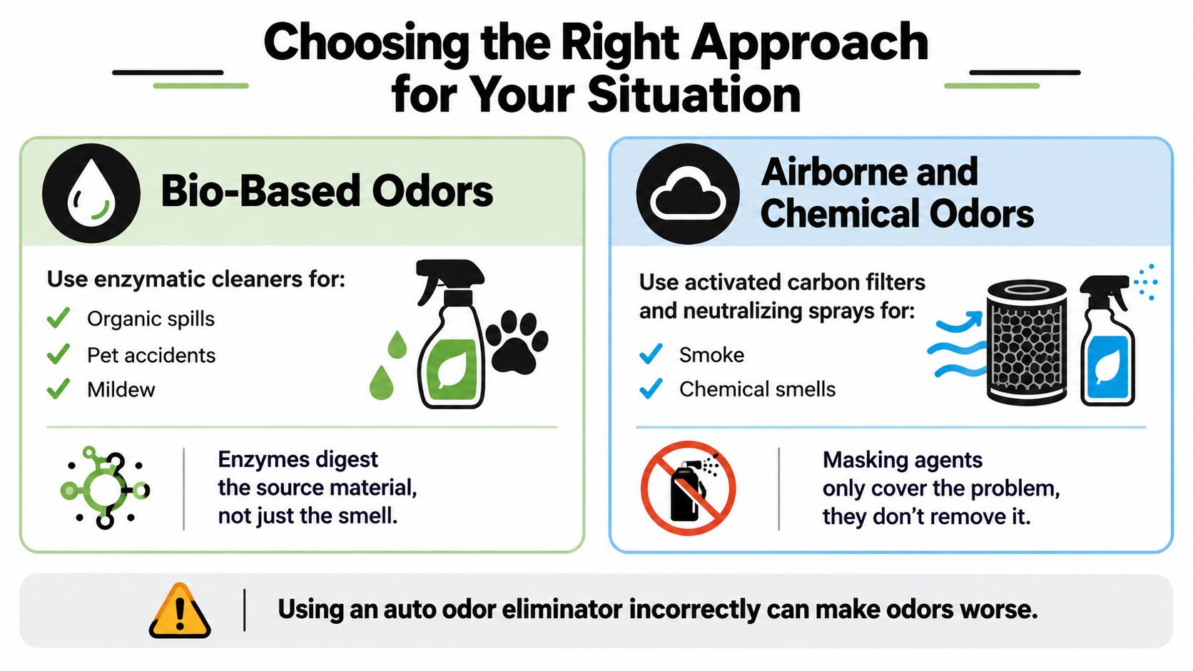 An infographic showing how to choose the right approach for removing bio-based, airborne, and chemical odors.