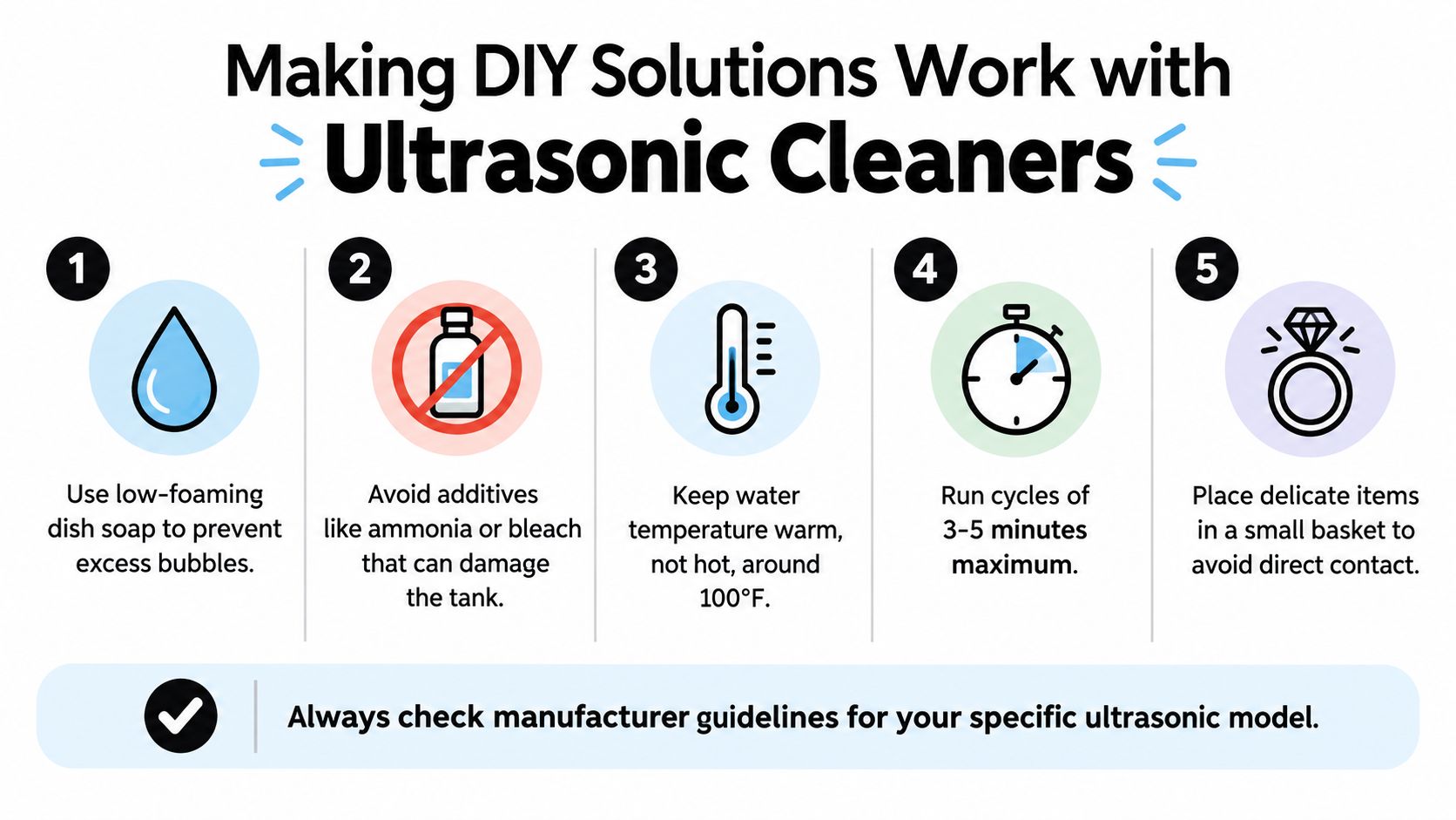 A five-step guide on how to safely use DIY cleaning solutions with an ultrasonic cleaner machine.