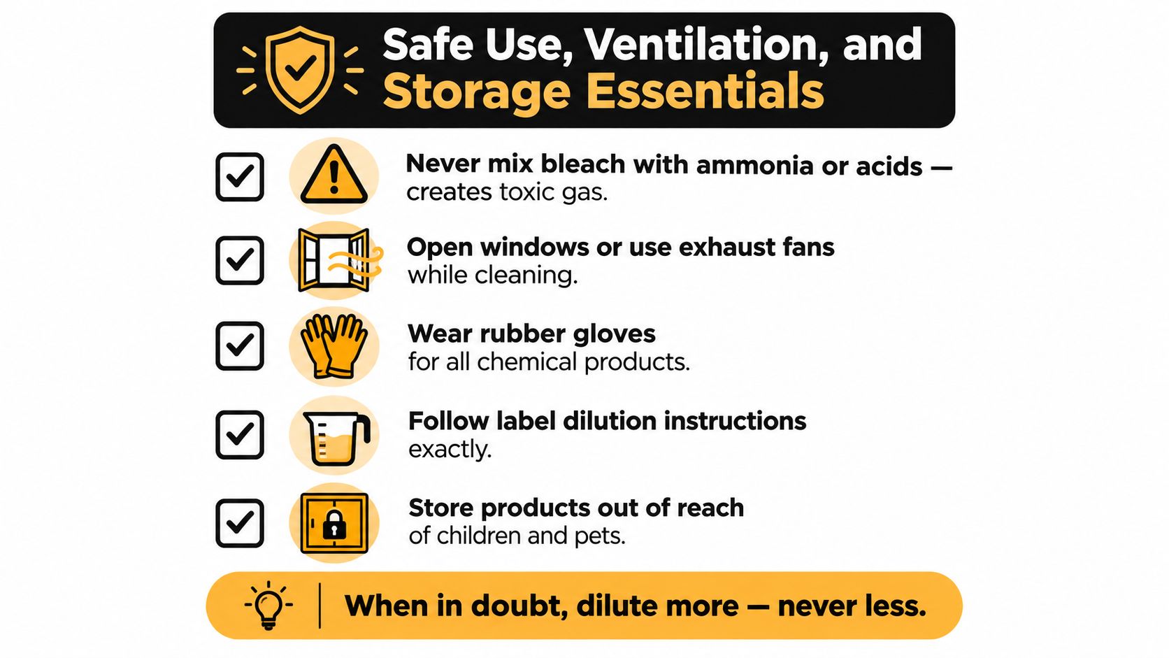 An infographic titled Safe Use, Ventilation, and Storage Essentials offering safety tips for using household cleaning chemicals.