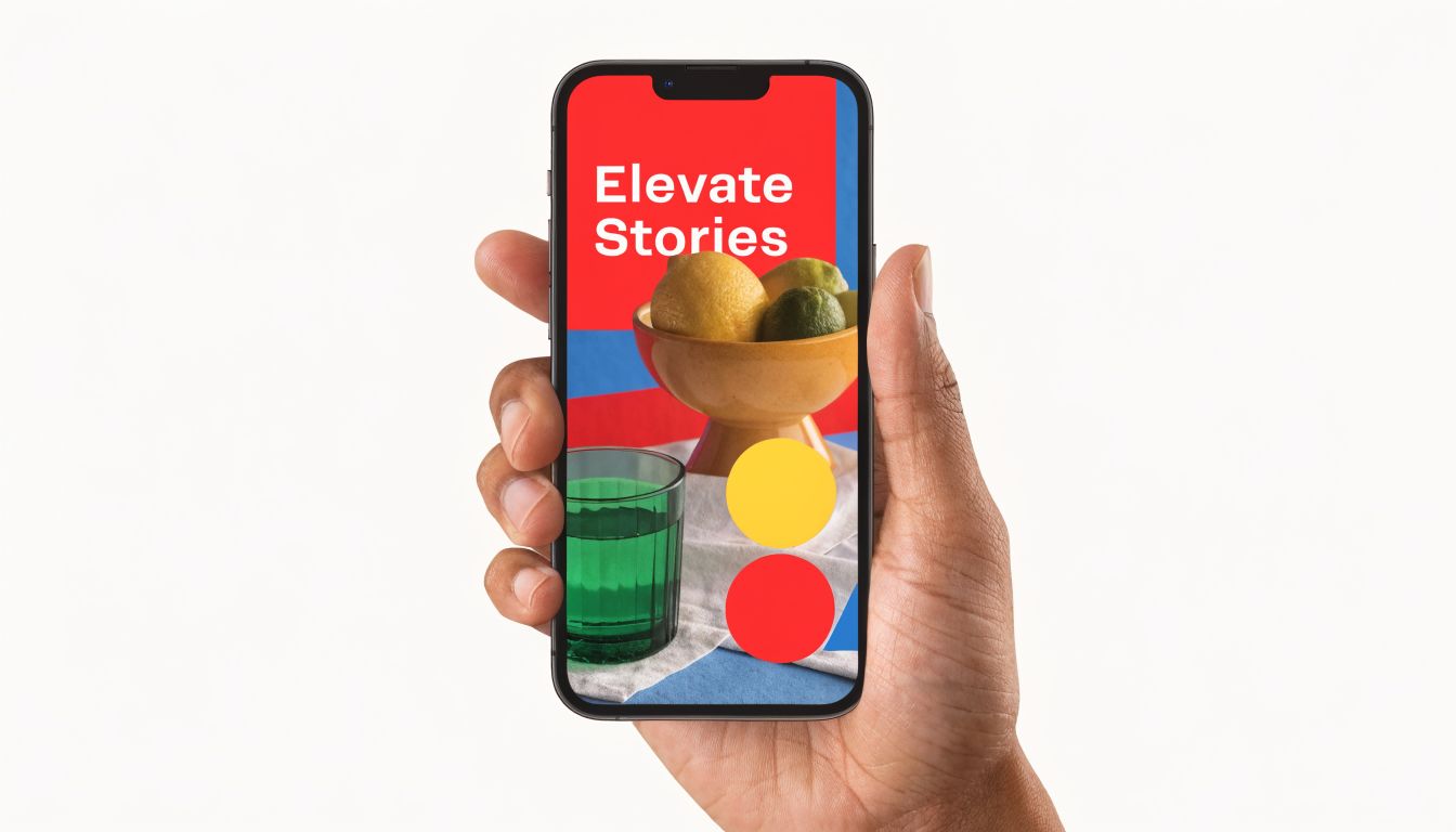 A hand holding a smartphone displaying an Instagram story editor screen with fruit and colorful circular icons.