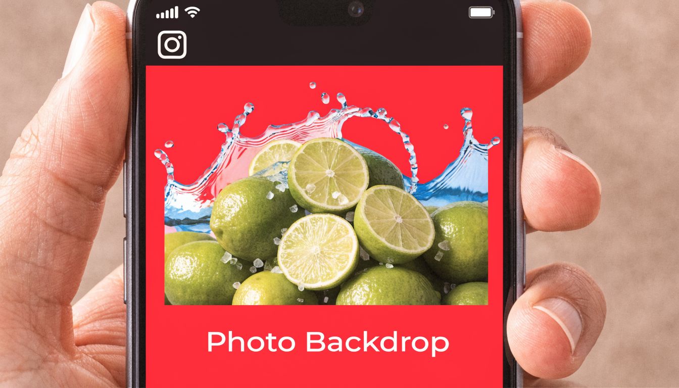 A hand holding a smartphone showing an Instagram story screen with limes and water splashes as a backdrop.