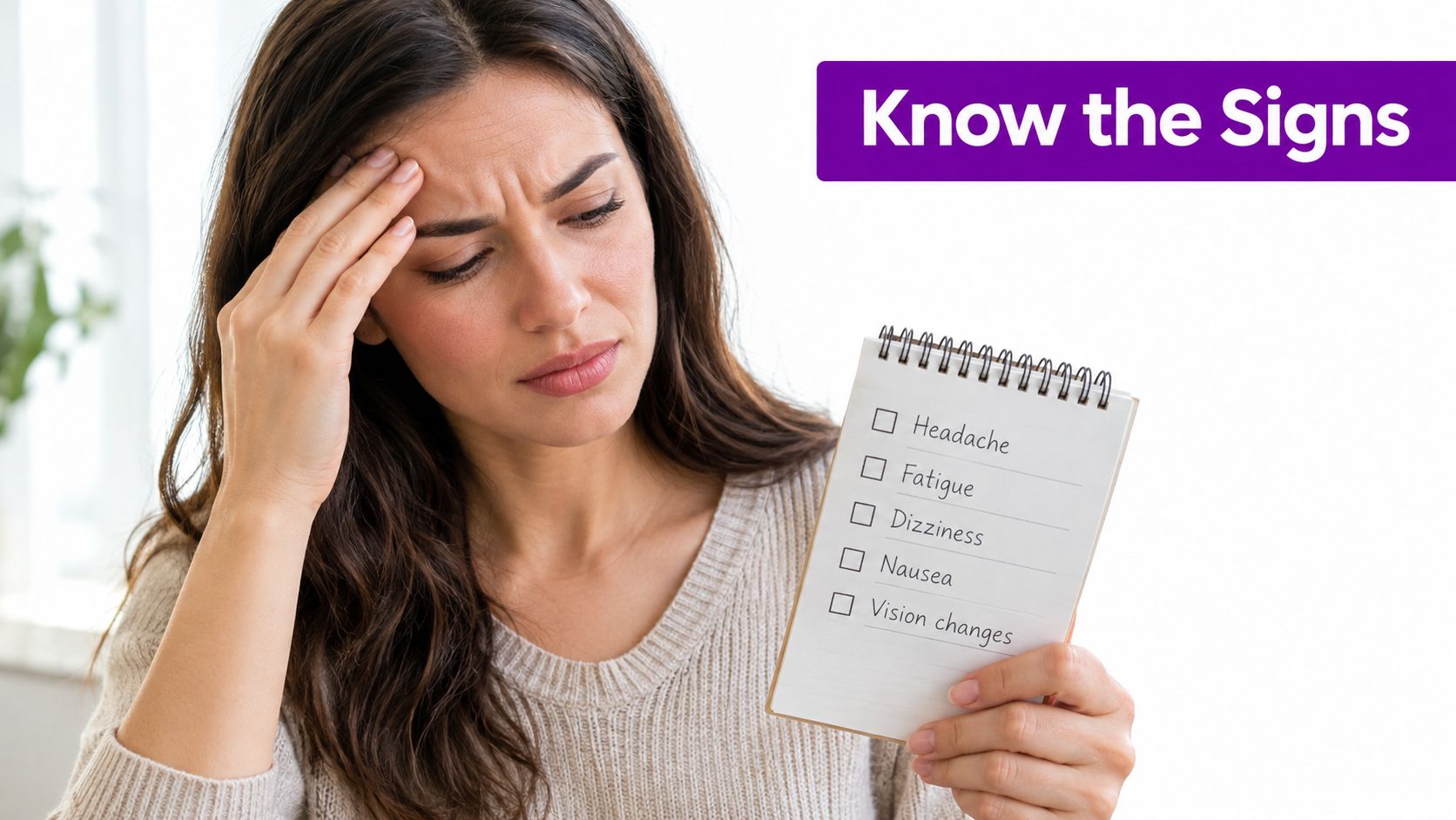 A woman looks distressed while holding a notepad that lists common medical symptoms like headache and fatigue.