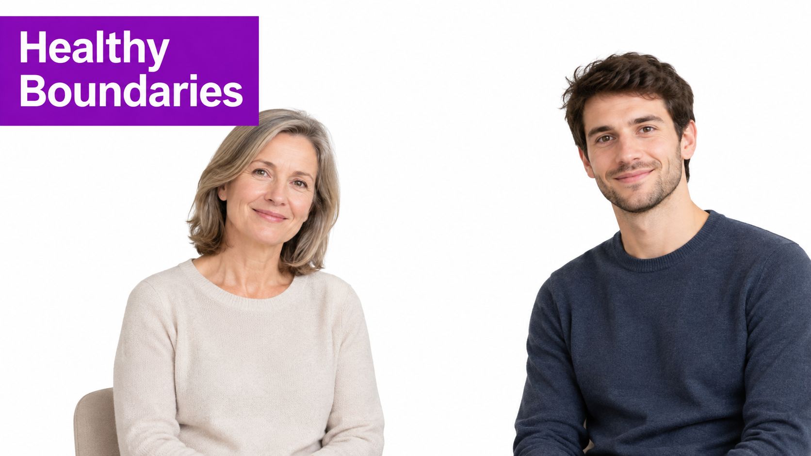 An older woman and a young man sitting side by side, representing healthy boundaries in therapy.