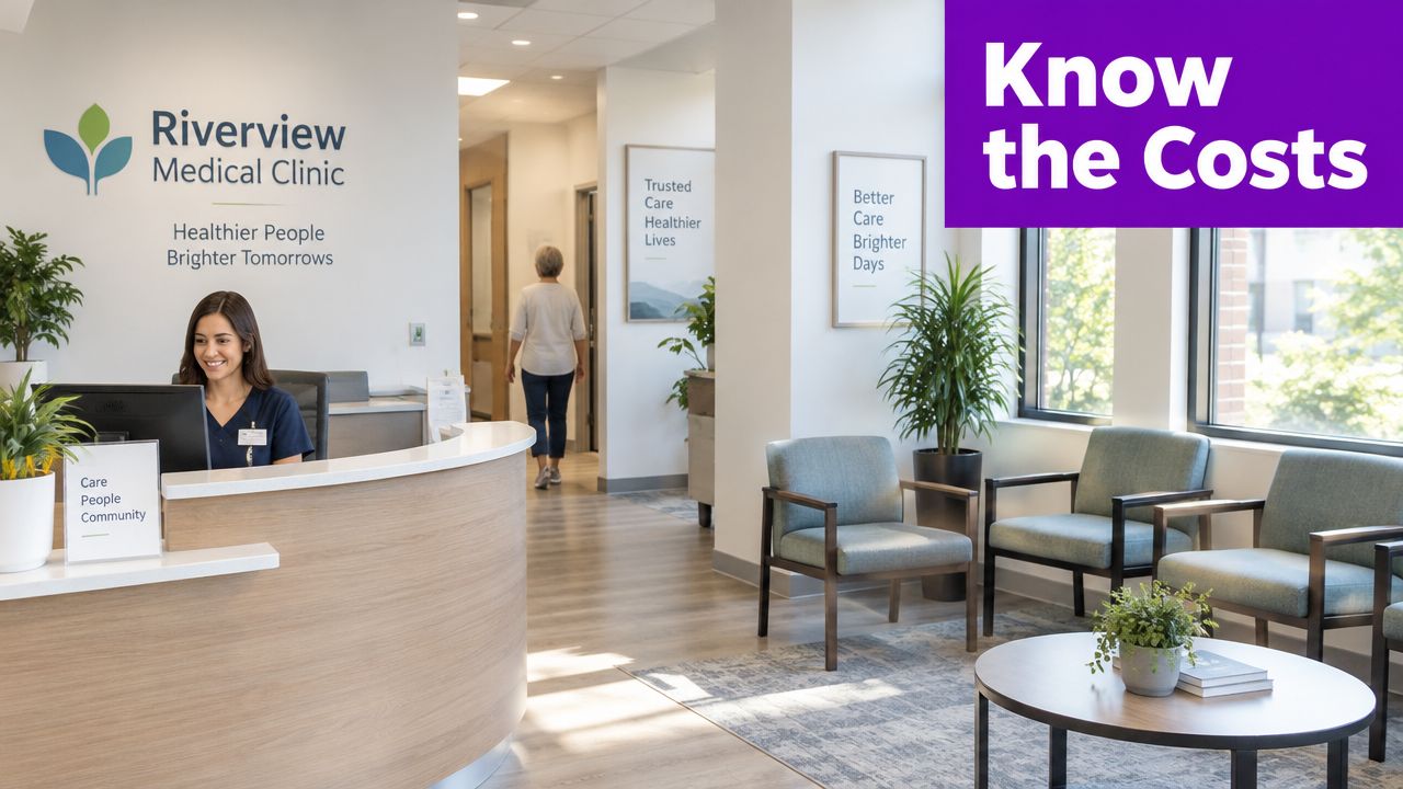 A friendly receptionist greets patients at the reception desk of the modern Riverview Medical Clinic waiting area.