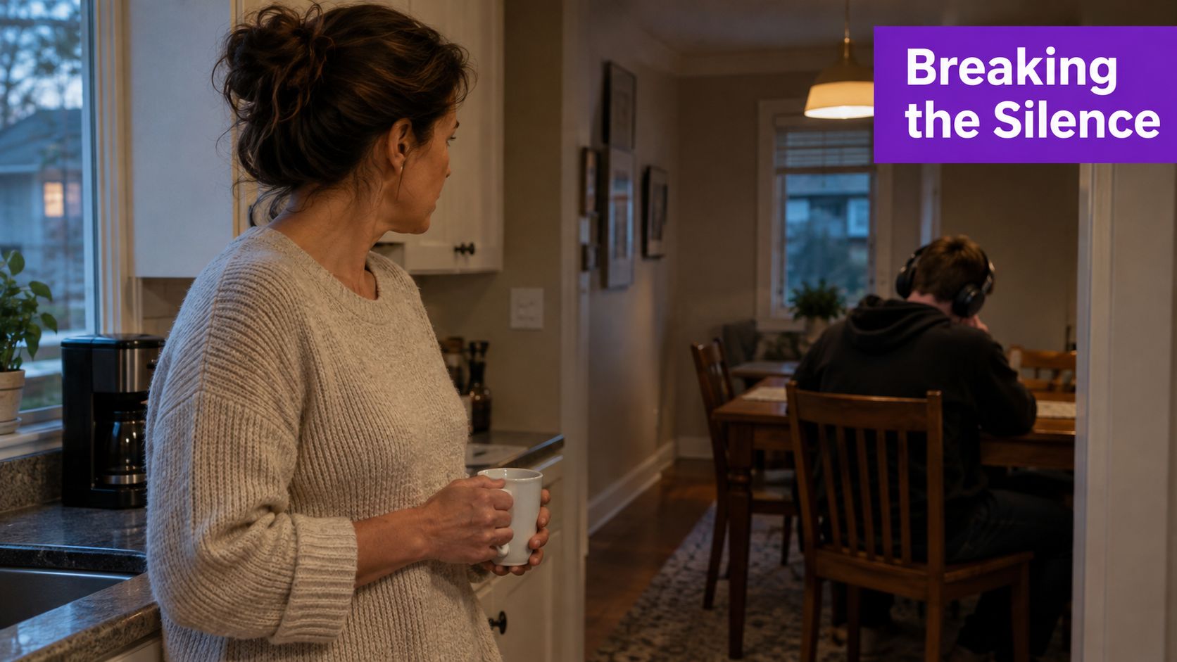 A mother stands in a kitchen watching her teen son, who is wearing headphones at a table.