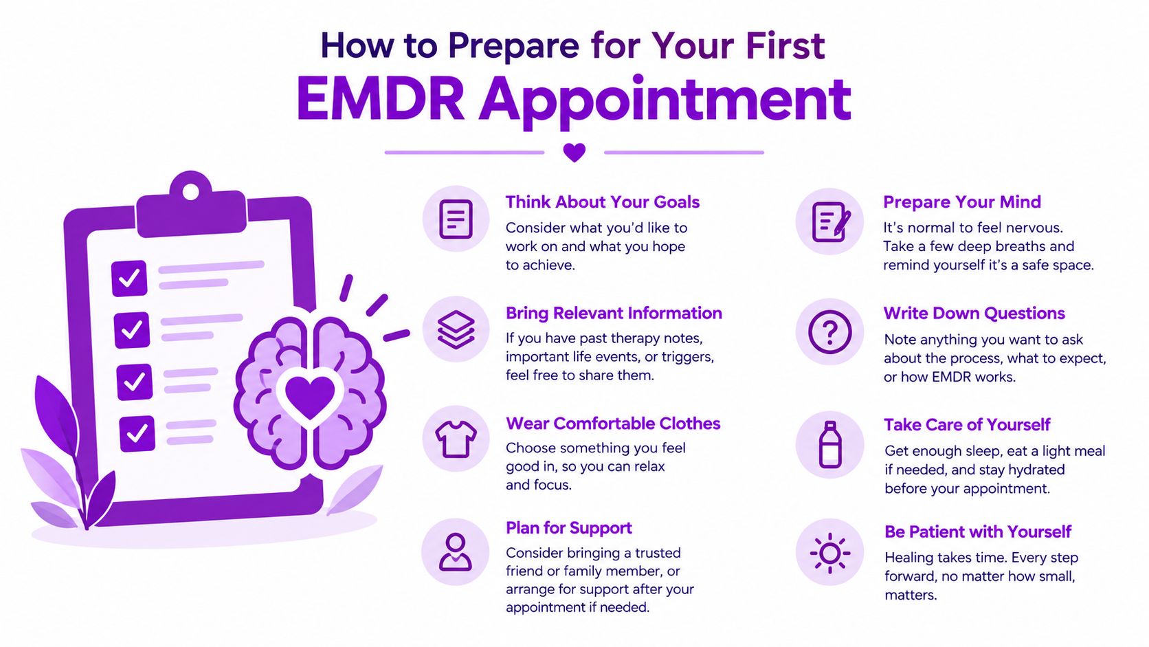 An infographic titled How to Prepare for Your First EMDR Appointment with helpful tips for therapy patients.