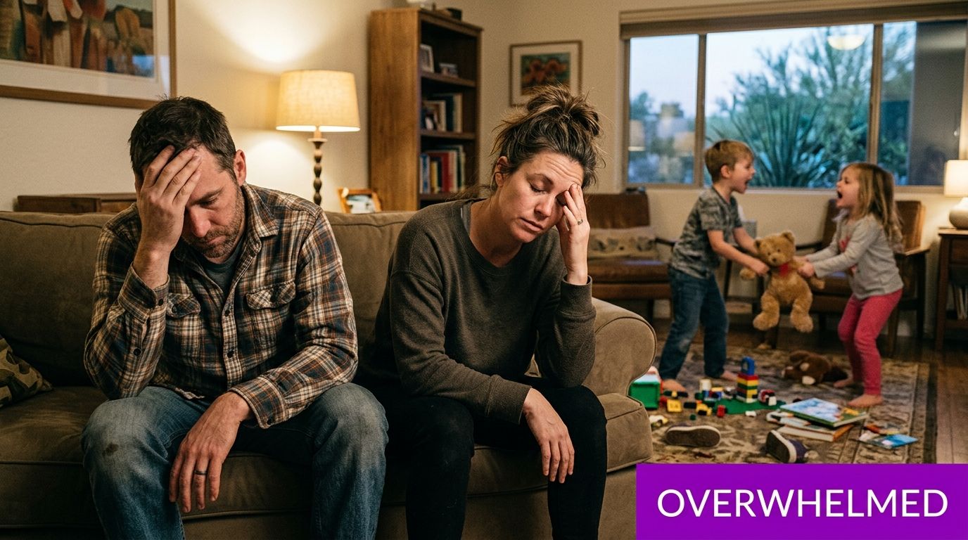 A stressed couple sits on a sofa while their two children play and argue in the background.