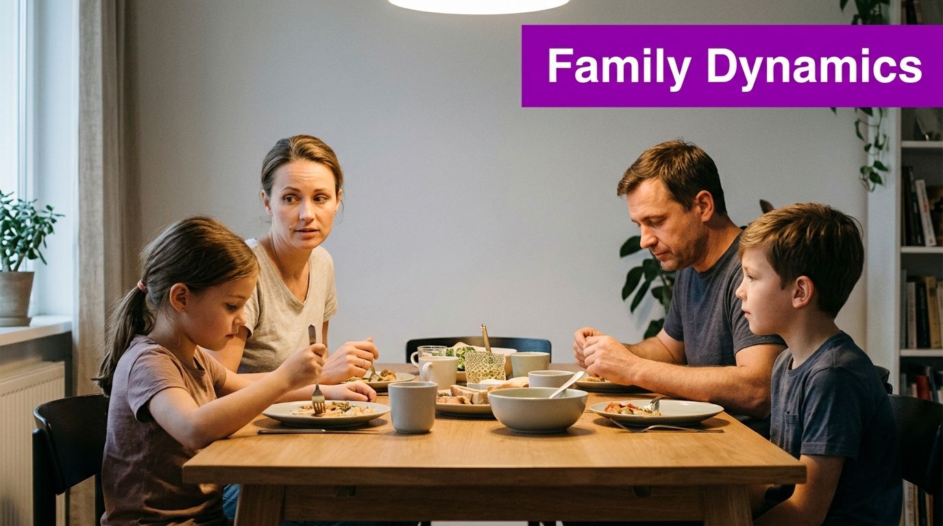 A family of four sitting together at a wooden table having dinner in a home setting.