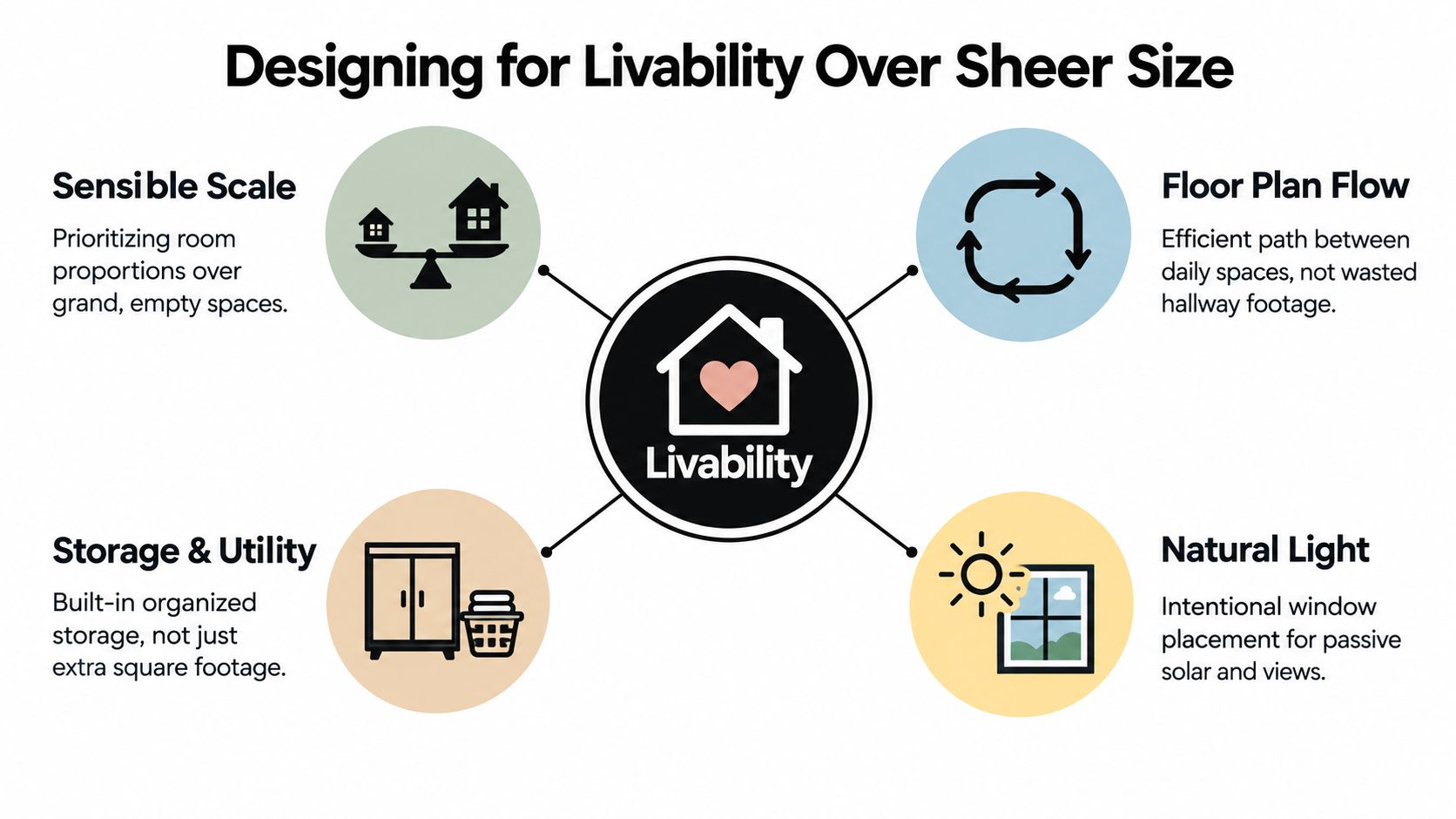 A diagram illustrating four core principles of designing for livability, including sensible scale, flow, storage, and light.