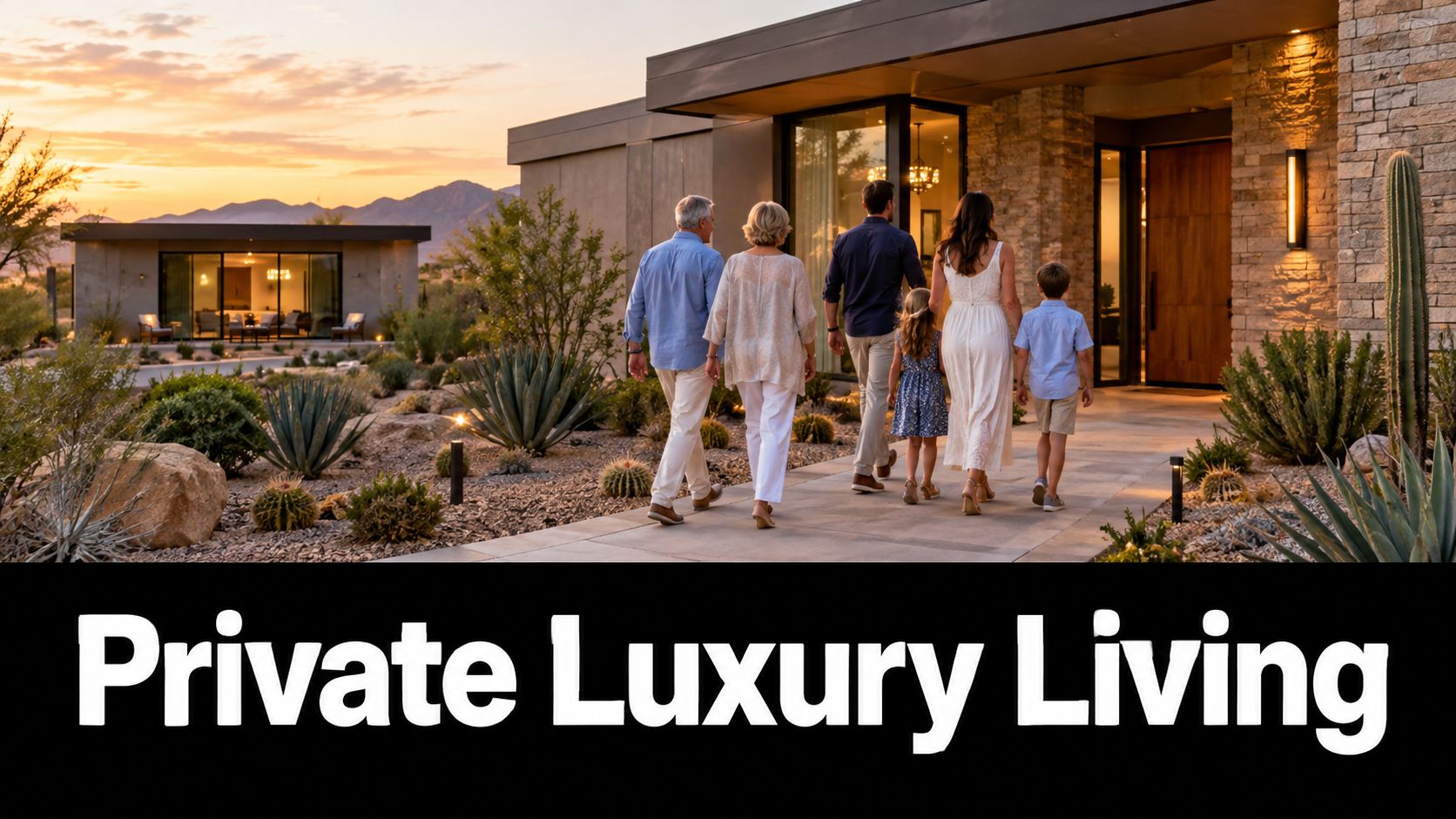 A multi-generational family walking together toward a modern luxury home with desert landscaping at sunset.