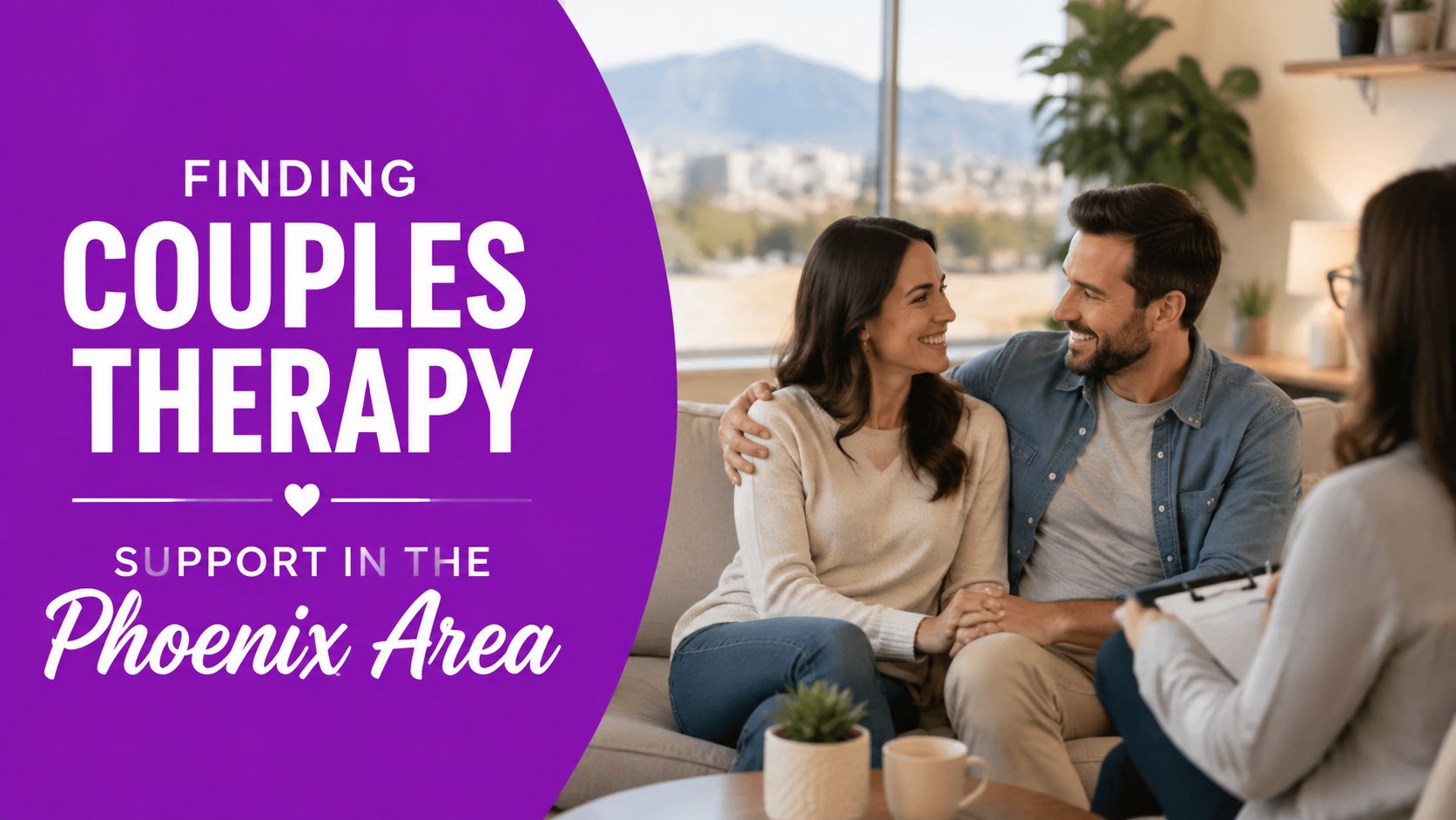 A couple sitting on a couch smiling at each other during a couples therapy session in Phoenix.