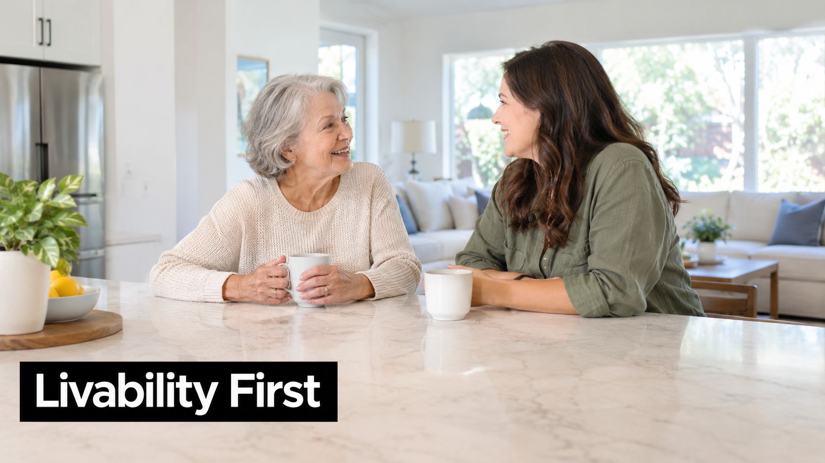 An older woman and her daughter sitting at a marble kitchen counter having a conversation over coffee.
