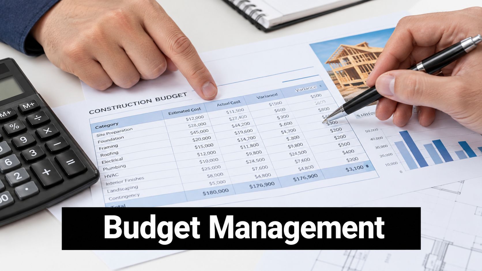Two people reviewing a construction budget document with a pen and a calculator on a desk.