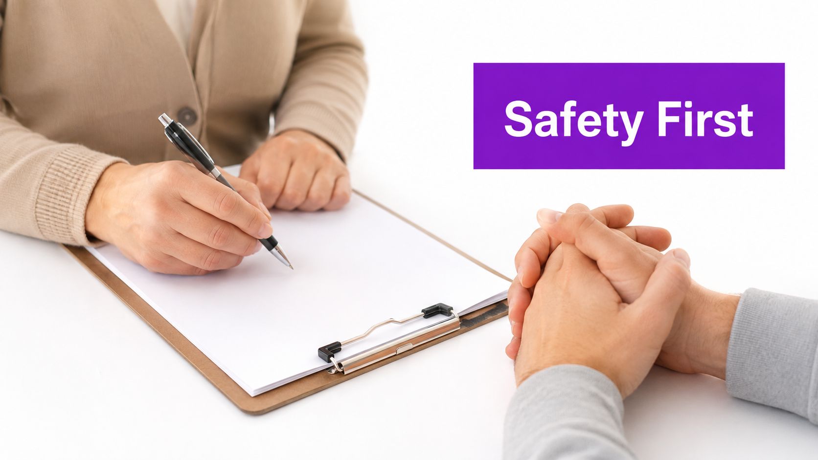 A professional therapist taking notes on a clipboard during a counseling session with a patient.