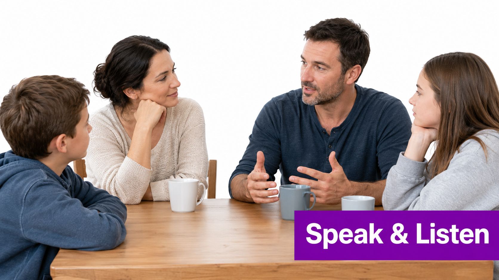A happy family of four sitting around a wooden table having a friendly conversation and listening.