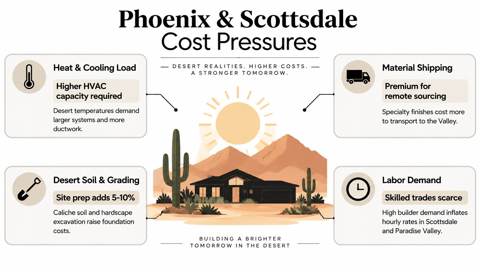 An infographic detailing cost pressures for building or remodeling in Phoenix and Scottsdale desert regions.