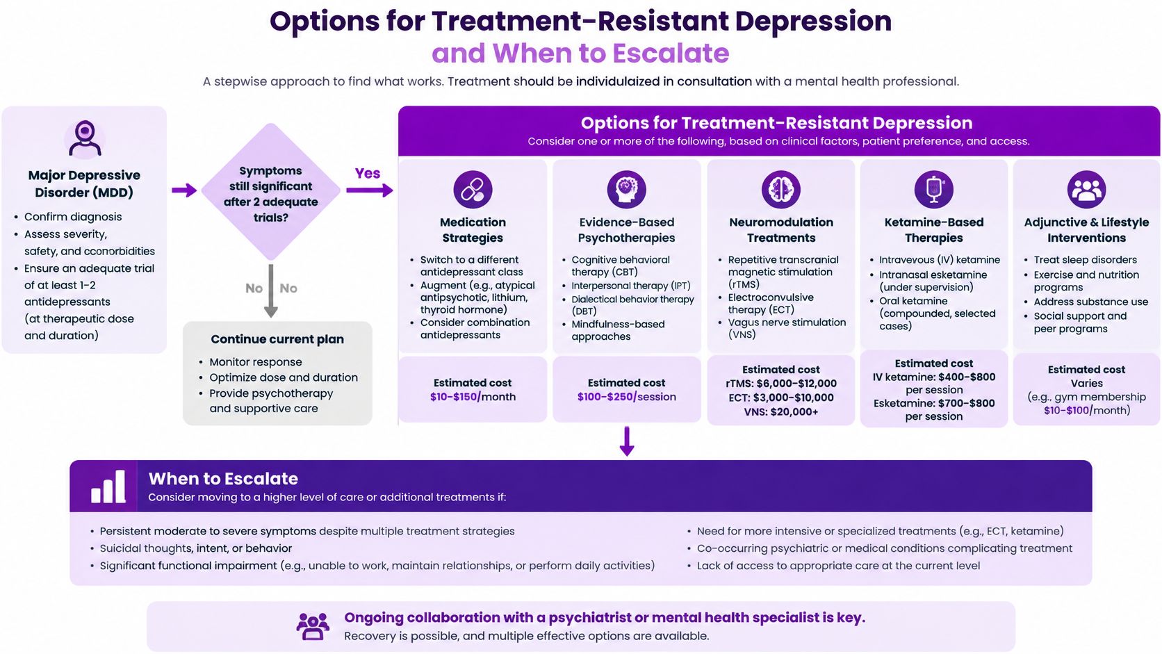 A flow chart illustrating treatment options for treatment-resistant depression and guidelines for when to escalate care.