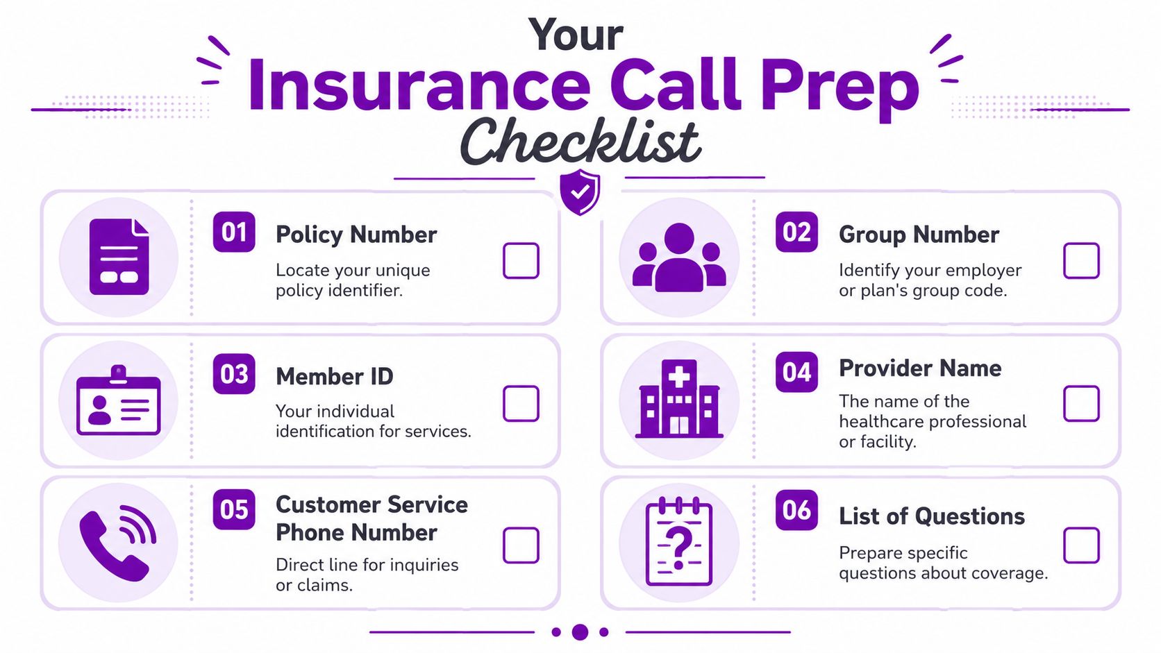 A helpful checklist infographic titled Your Insurance Call Prep Checklist for organizing information before calling your insurance provider.