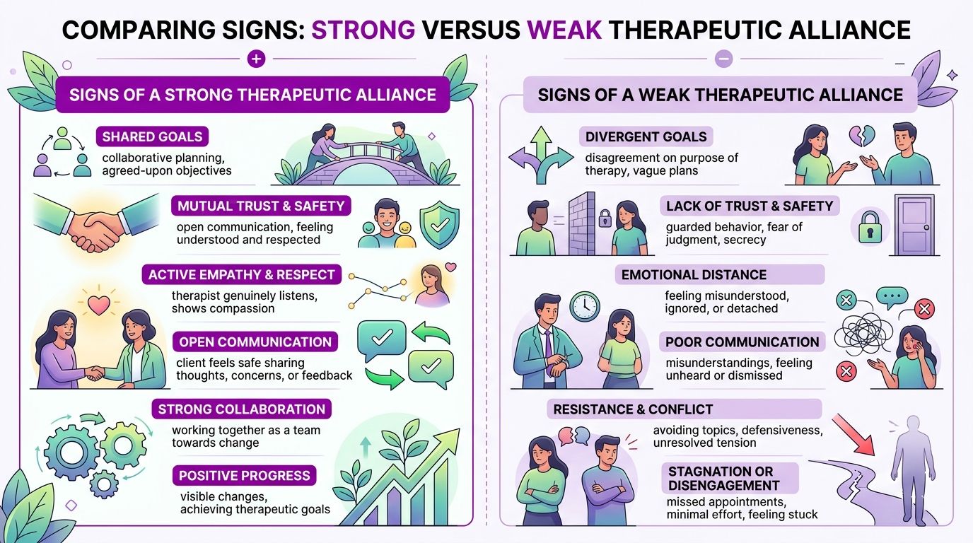 An infographic comparing signs of a strong versus a weak therapeutic alliance in a counseling relationship.