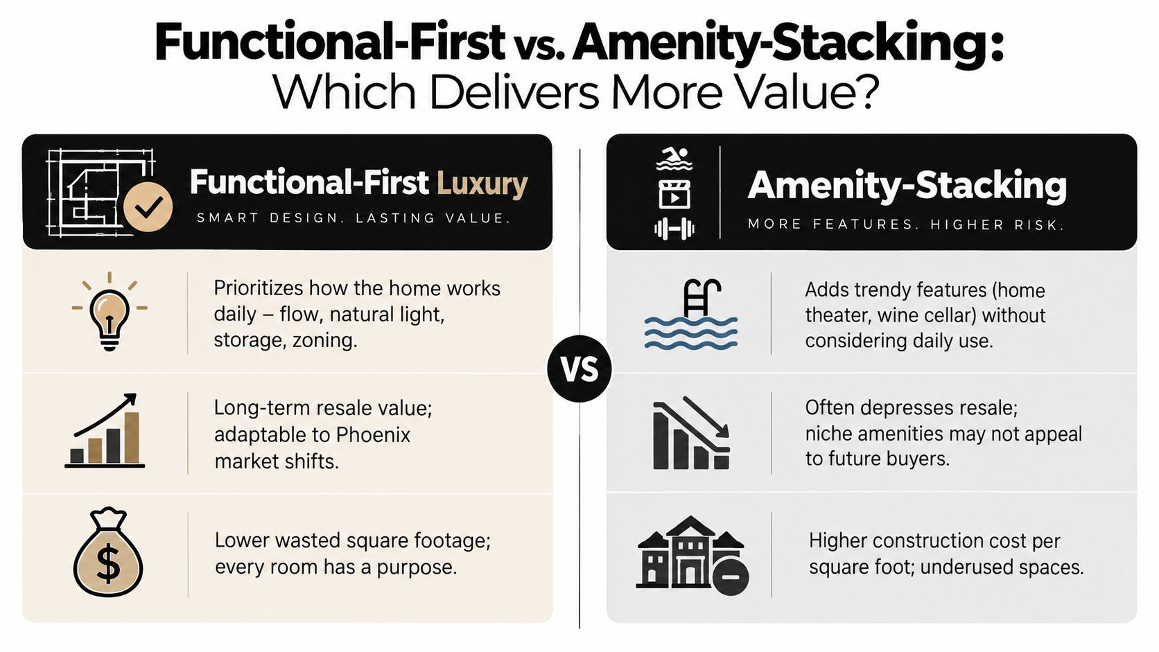 A comparison infographic between Functional-First Luxury design and Amenity-Stacking for high-end residential real estate properties.