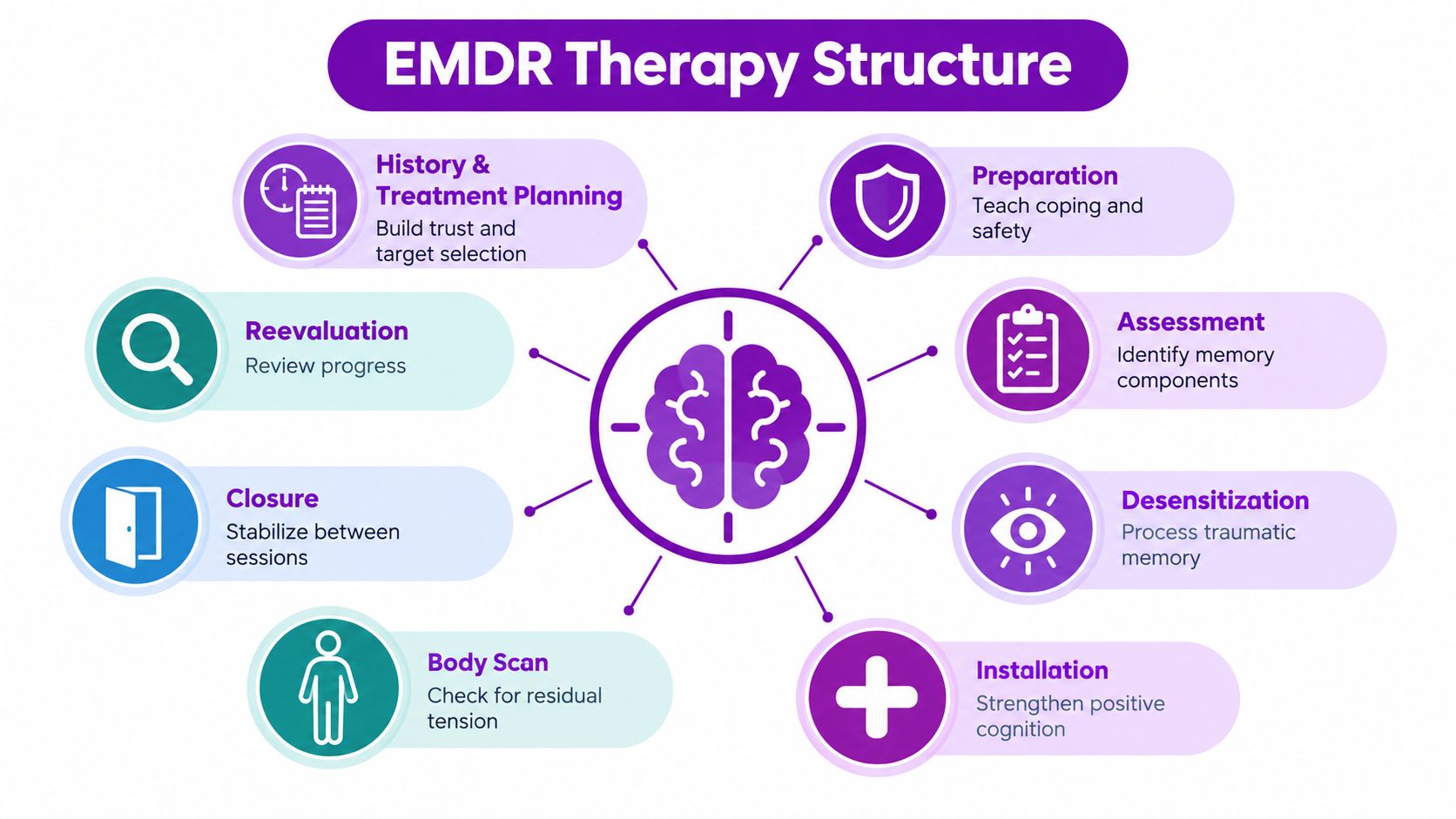A diagram outlining the eight phases of the EMDR therapy structure including history, preparation, and assessment.
