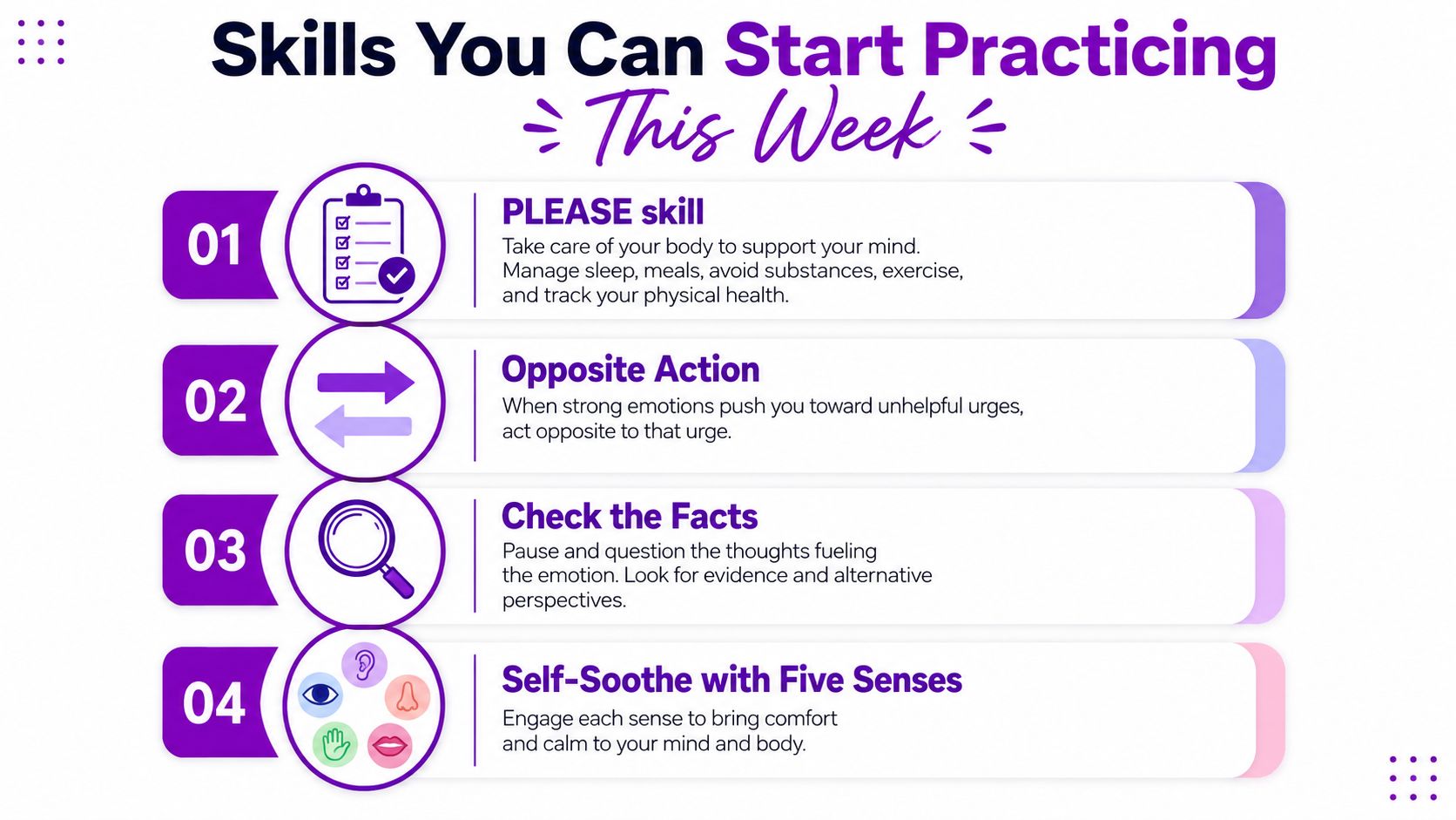 An infographic titled Skills You Can Start Practicing This Week, listing four self-regulation techniques for mental wellness.