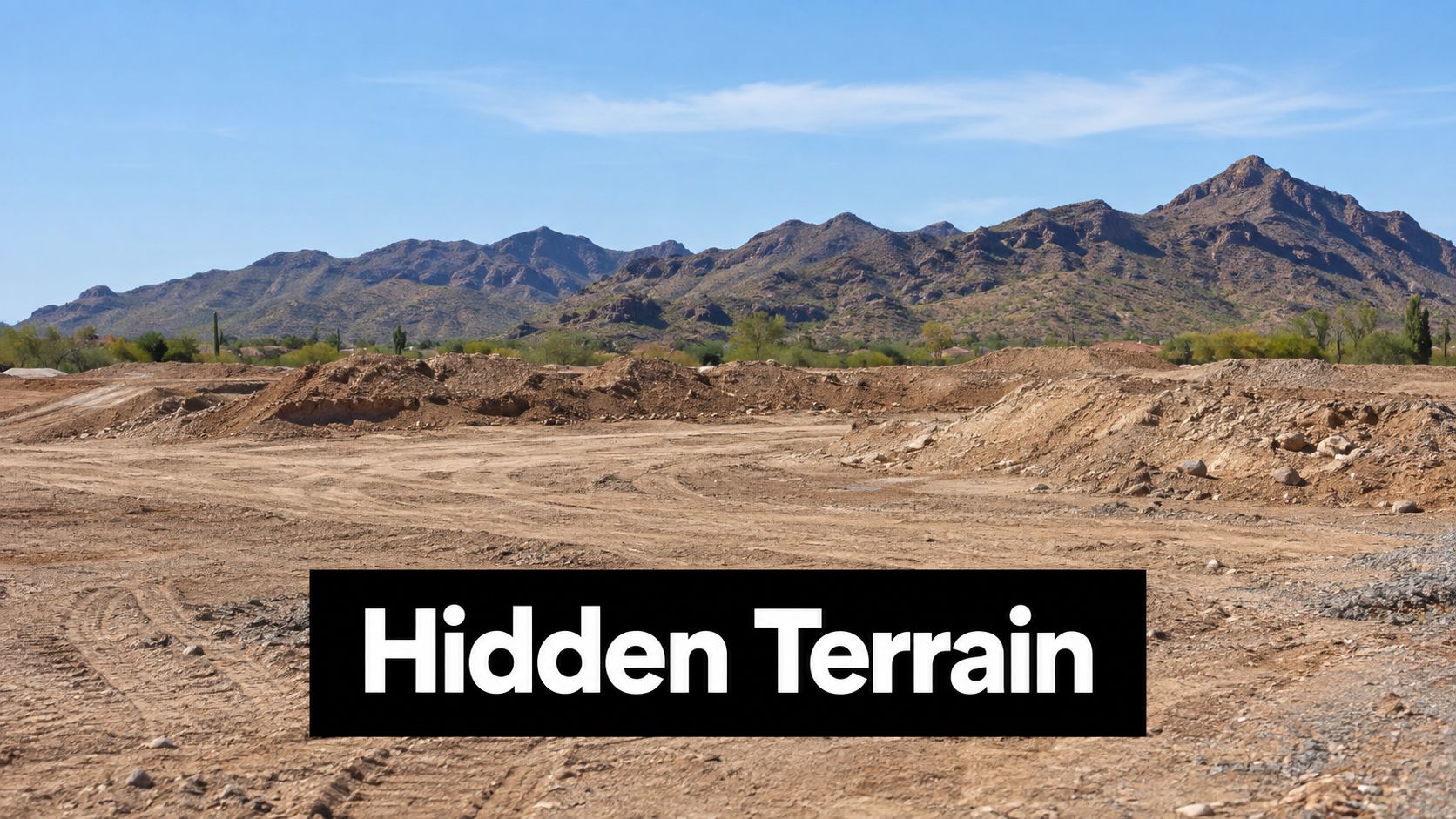A large, empty desert construction site in Paradise Valley with mountains in the background under clear skies.