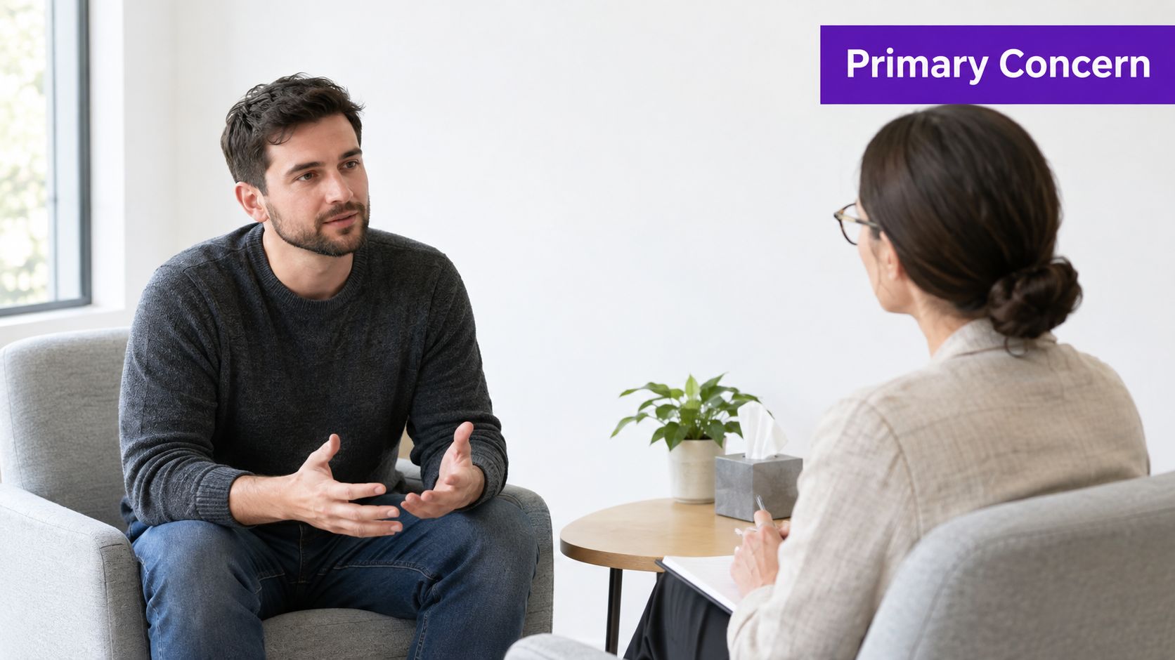 A male patient discusses his feelings while talking to a female therapist during a counseling session.