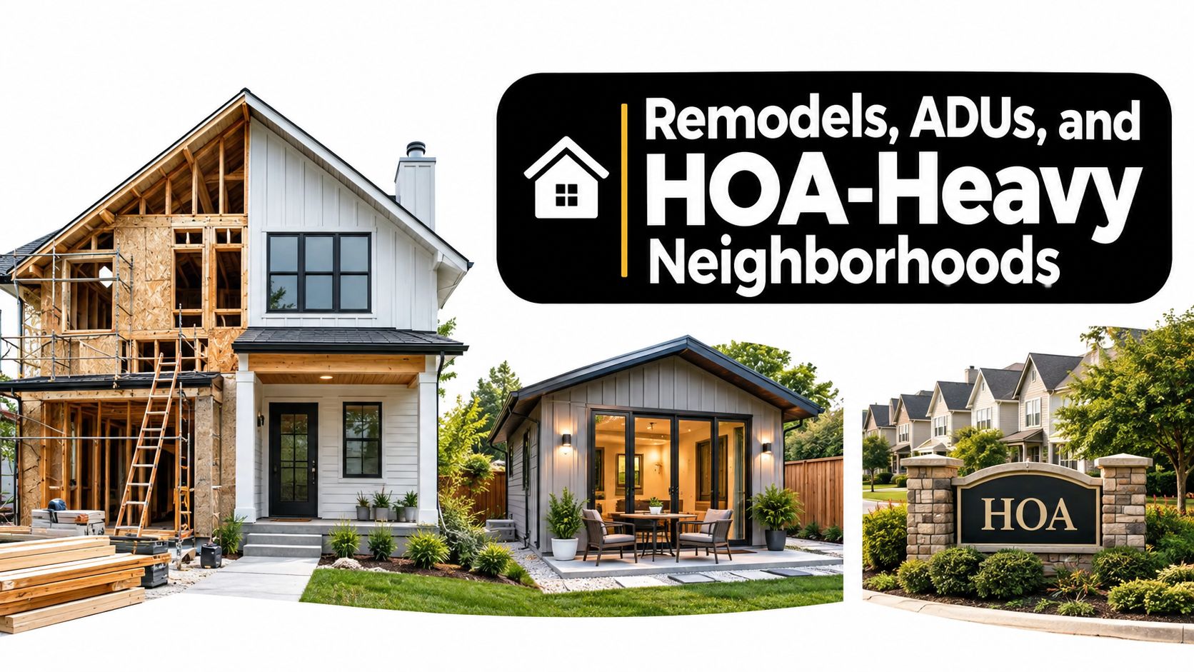 A collage showing a home under construction, a finished ADU, and an HOA neighborhood entrance sign.