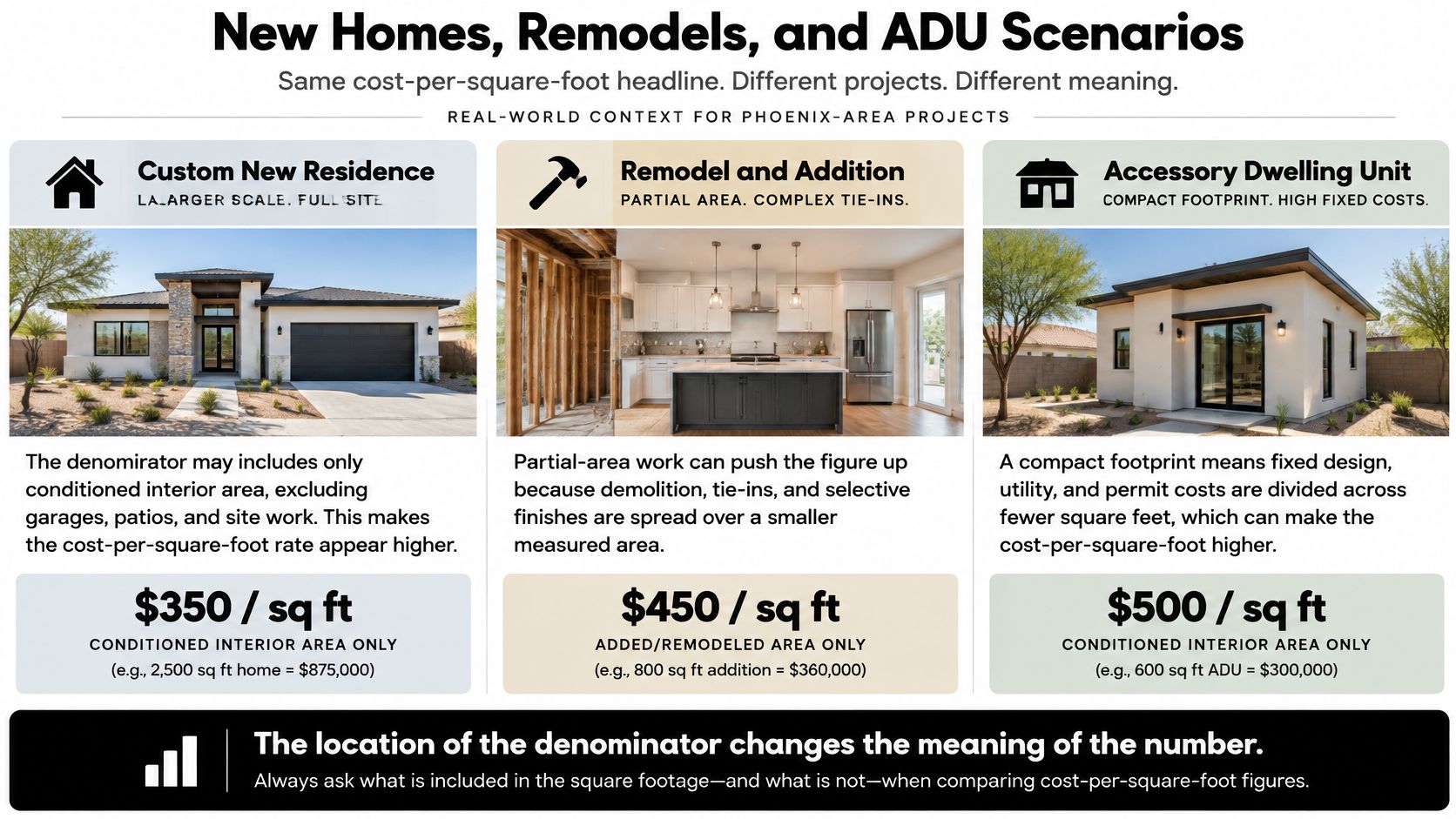 A comparison chart showing how different construction projects affect cost-per-square-foot rates for residential real estate development.