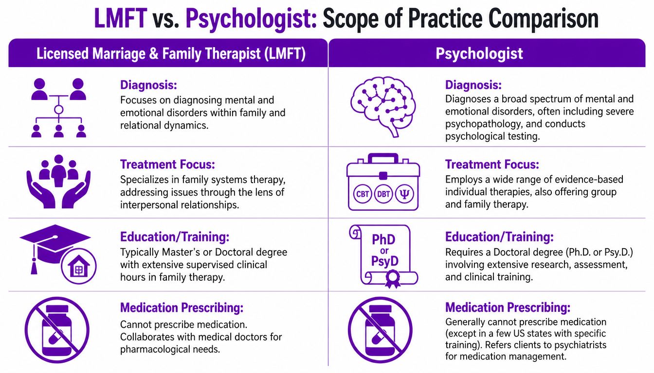 A comparison chart outlining the differences in scope of practice between an LMFT and a Psychologist.