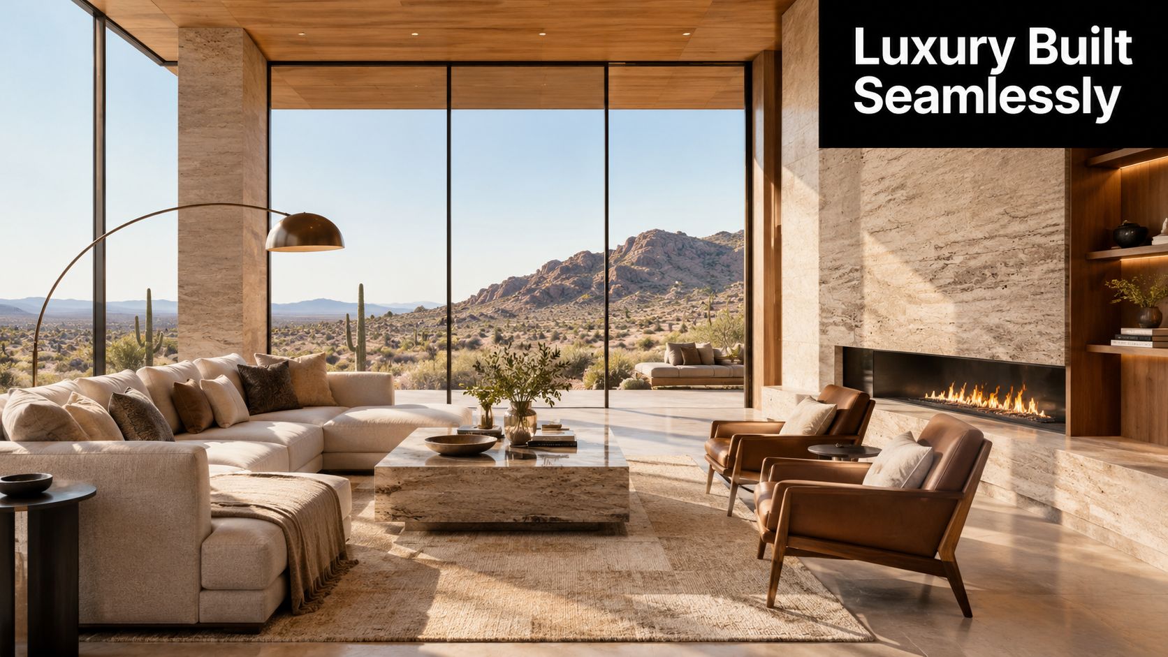 A luxurious modern living room with floor-to-ceiling windows overlooking a desert landscape with mountains.